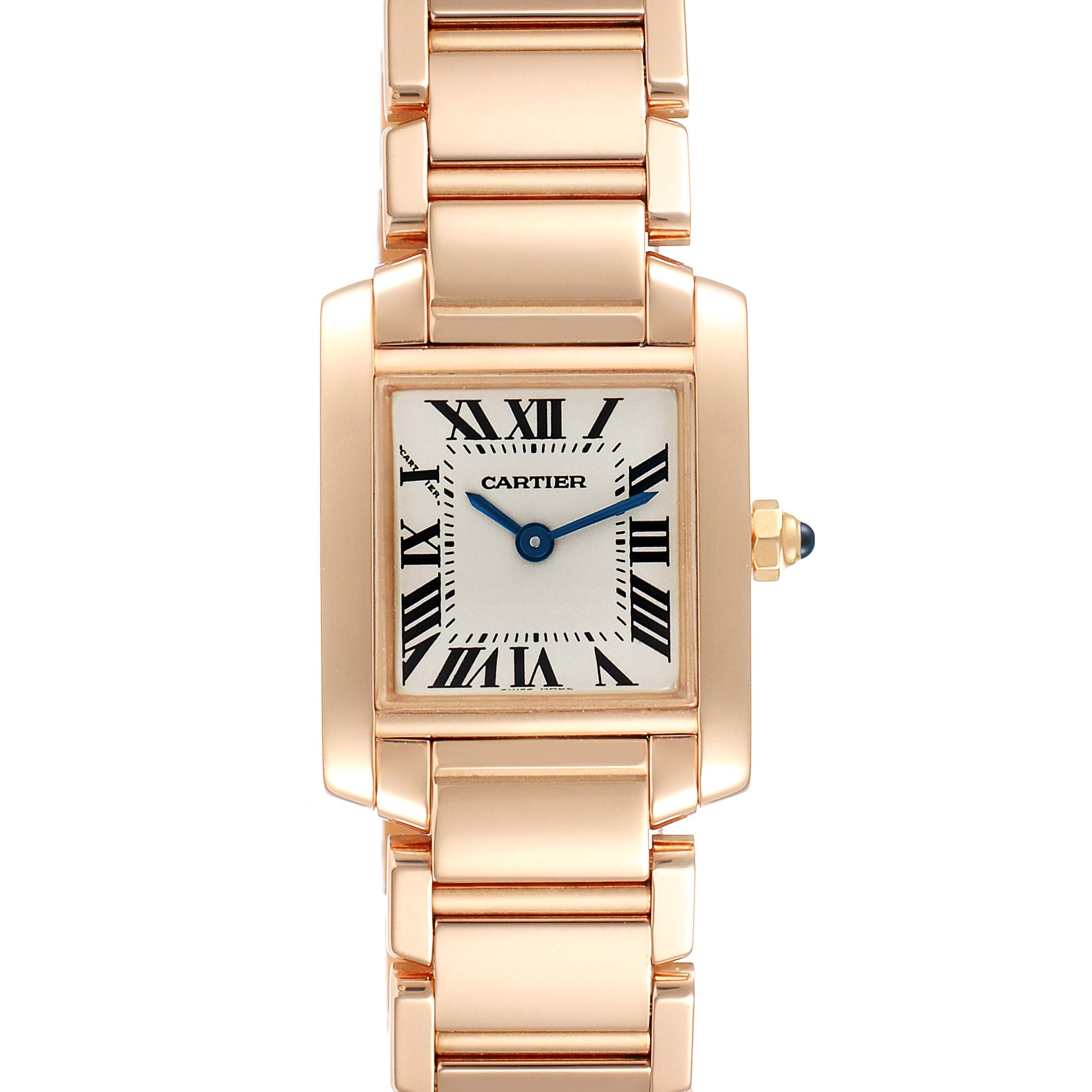 The image shows a front view of the Cartier Tank Française watch, featuring its face, bracelet, and crown.