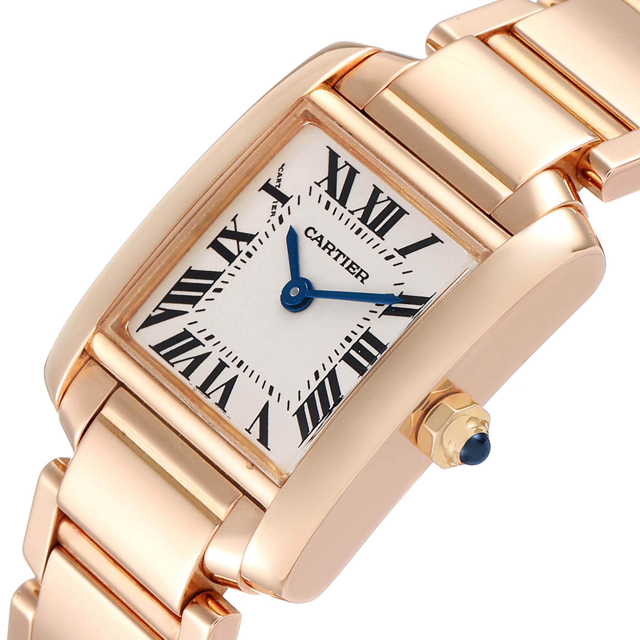 This image shows a close-up angle of the Cartier Tank Française watch, highlighting the face, case, crown, and part of the bracelet.
