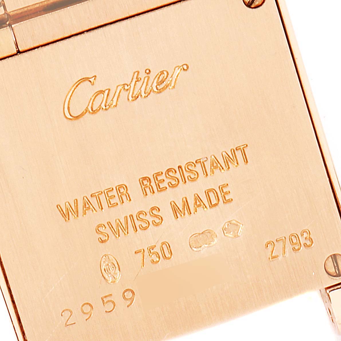 This image shows the back case of a Cartier Tank Francaise 2793 Women's Rose Gold Silver Dial 2793 Women's Rose Gold Silver Dial watch, including the engraved branding and specifications.