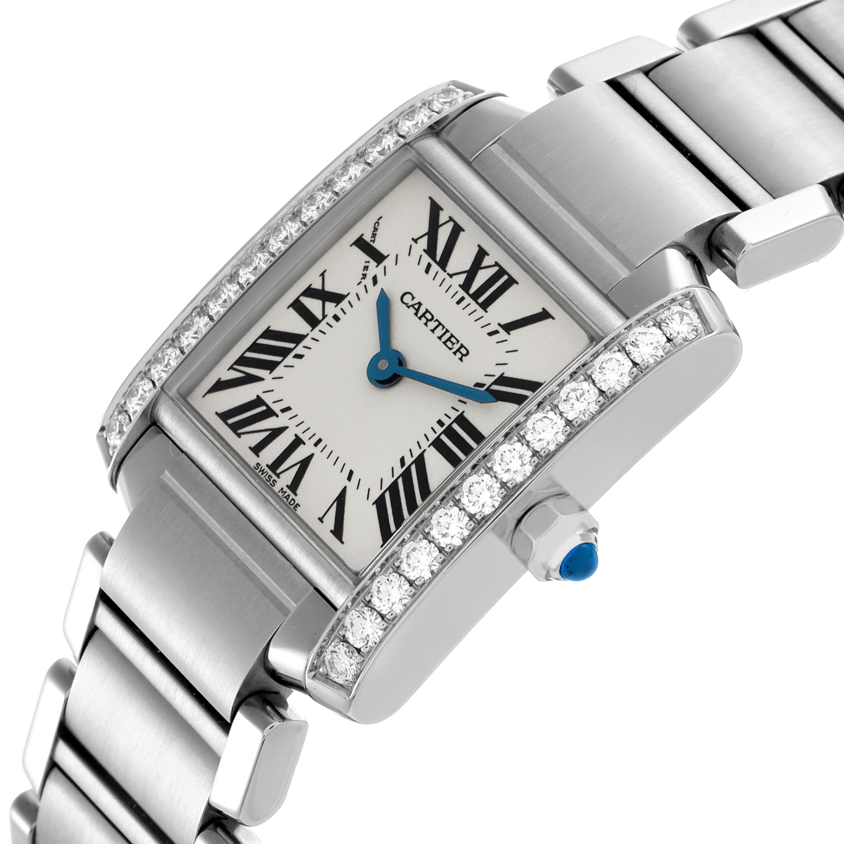 The Cartier Tank Francaise W4TA0008 Women's Stainless Steel Silver Dial W4TA0008 Women's Stainless Steel Silver Dial is shown at an angled close-up, highlighting the watch face, case, bezel with diamonds, and part of the bracelet.