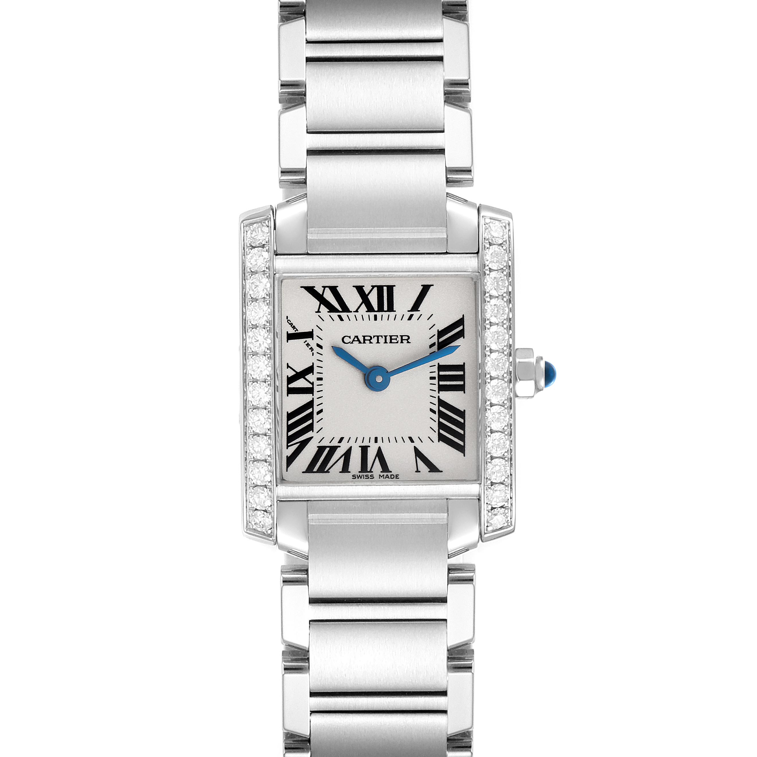 The Cartier Tank Française watch is shown from the front, highlighting its rectangular face, Roman numerals, and bracelet.
