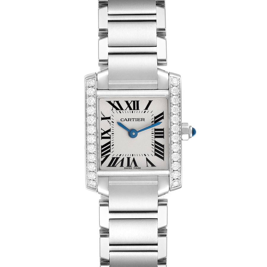 The Cartier Tank Française watch is shown from the front, highlighting its rectangular face, Roman numerals, and bracelet.