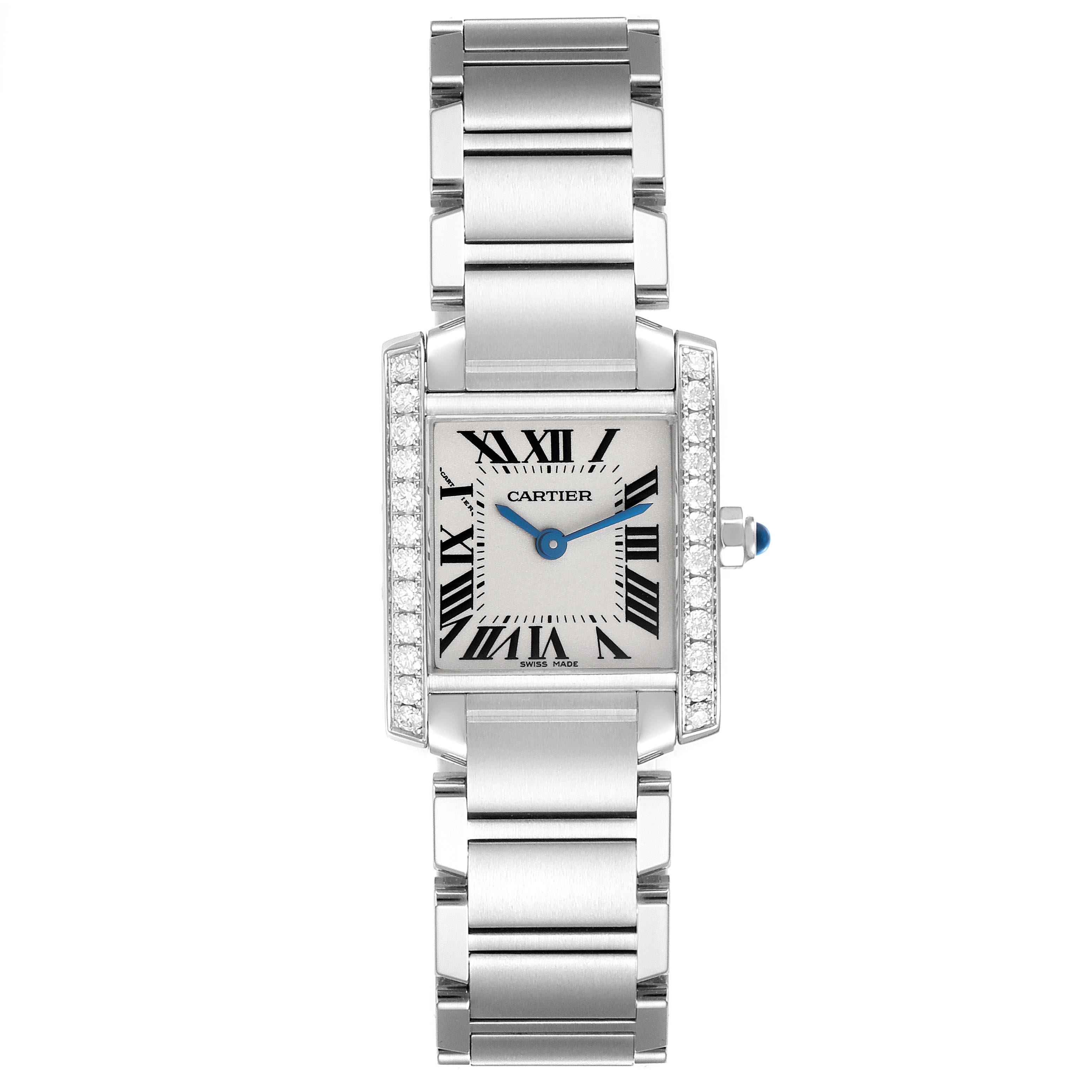The Cartier Tank Française watch is shown from a front view, displaying its rectangular face and linked bracelet.