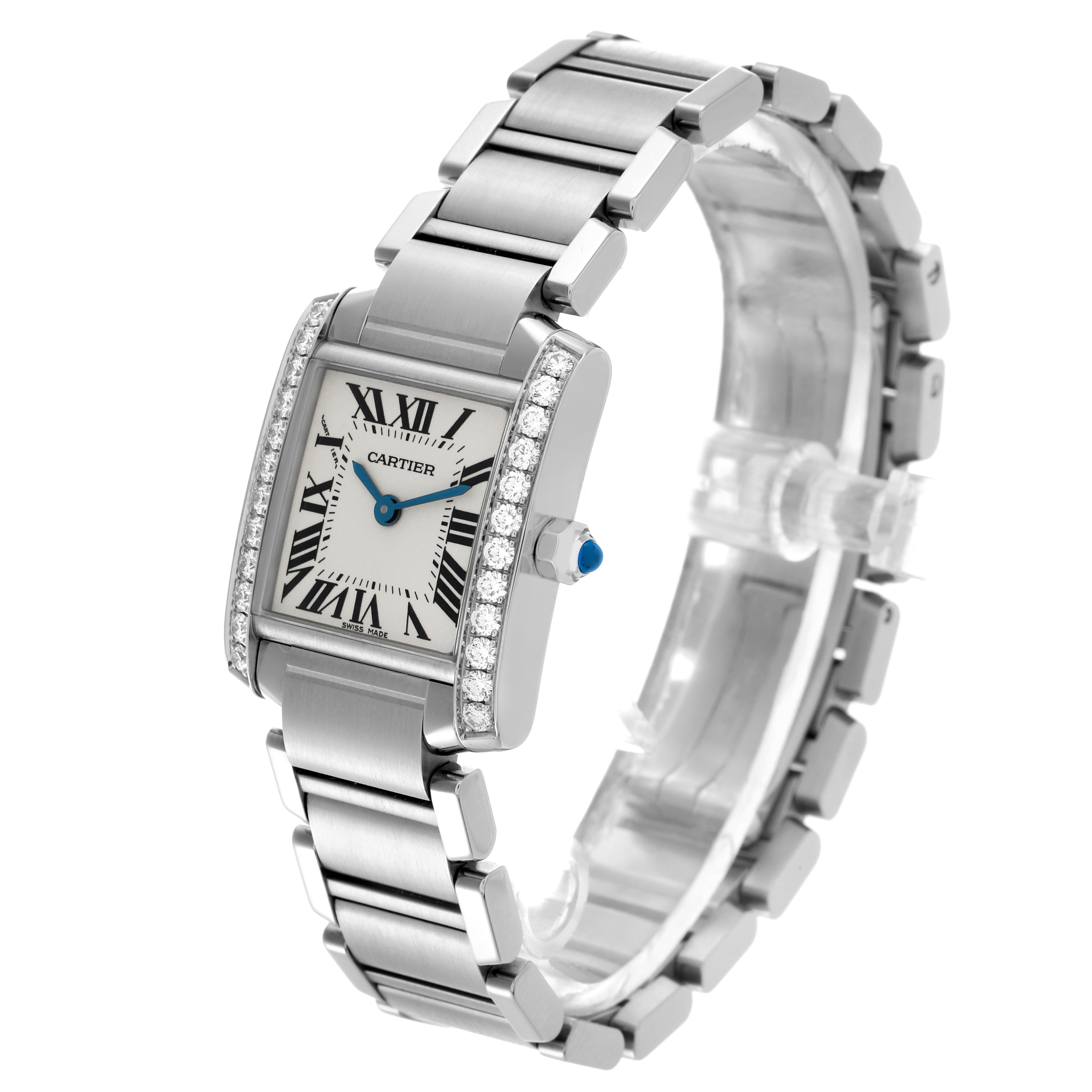 The Cartier Tank Francaise W4TA0008 Women's Stainless Steel Silver Dial W4TA0008 Women's Stainless Steel Silver Dial watch is shown at a three-quarter angle, highlighting its face, bracelet, and diamond-set case.