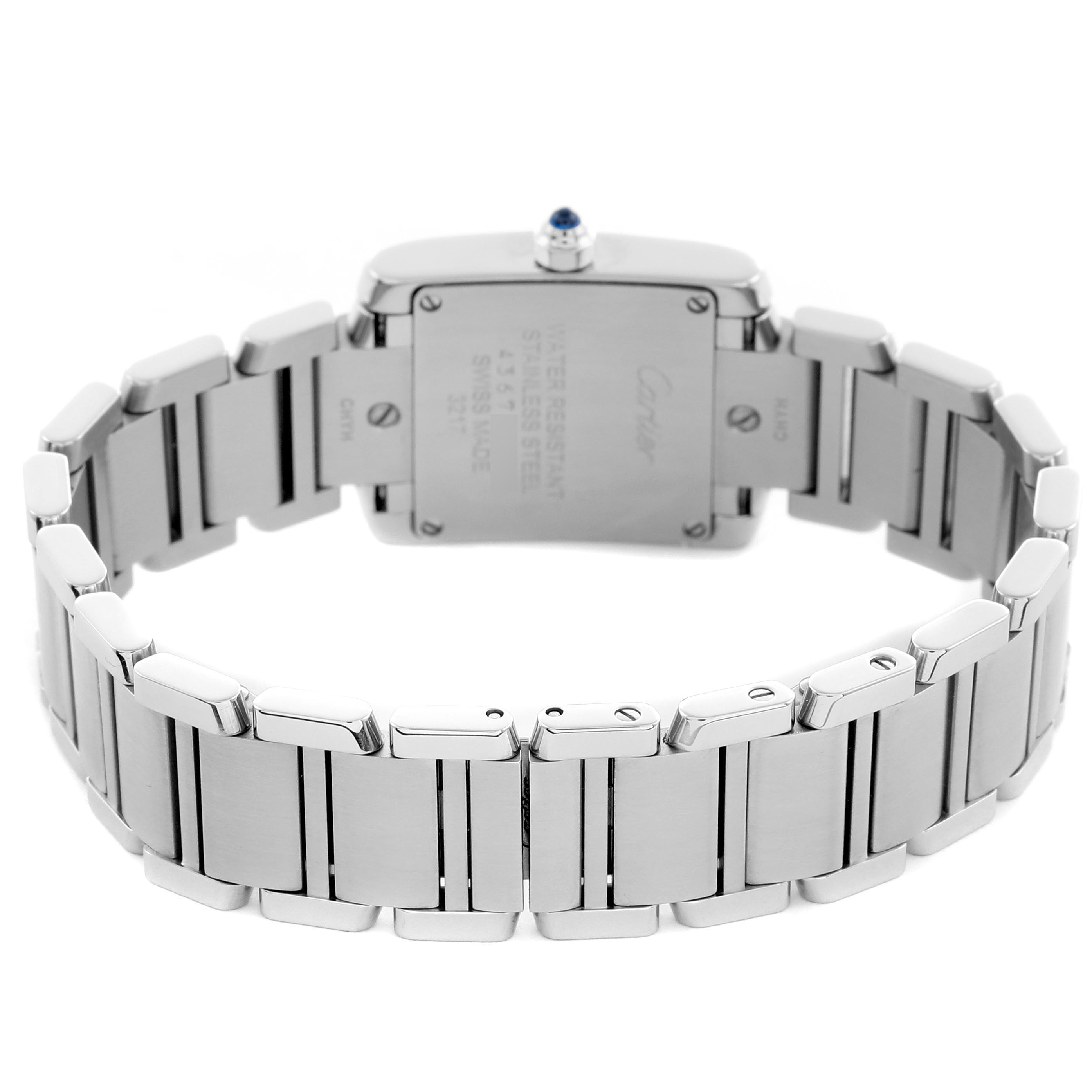 The image shows the back view of the Cartier Tank Française watch, highlighting the case back and stainless steel bracelet.