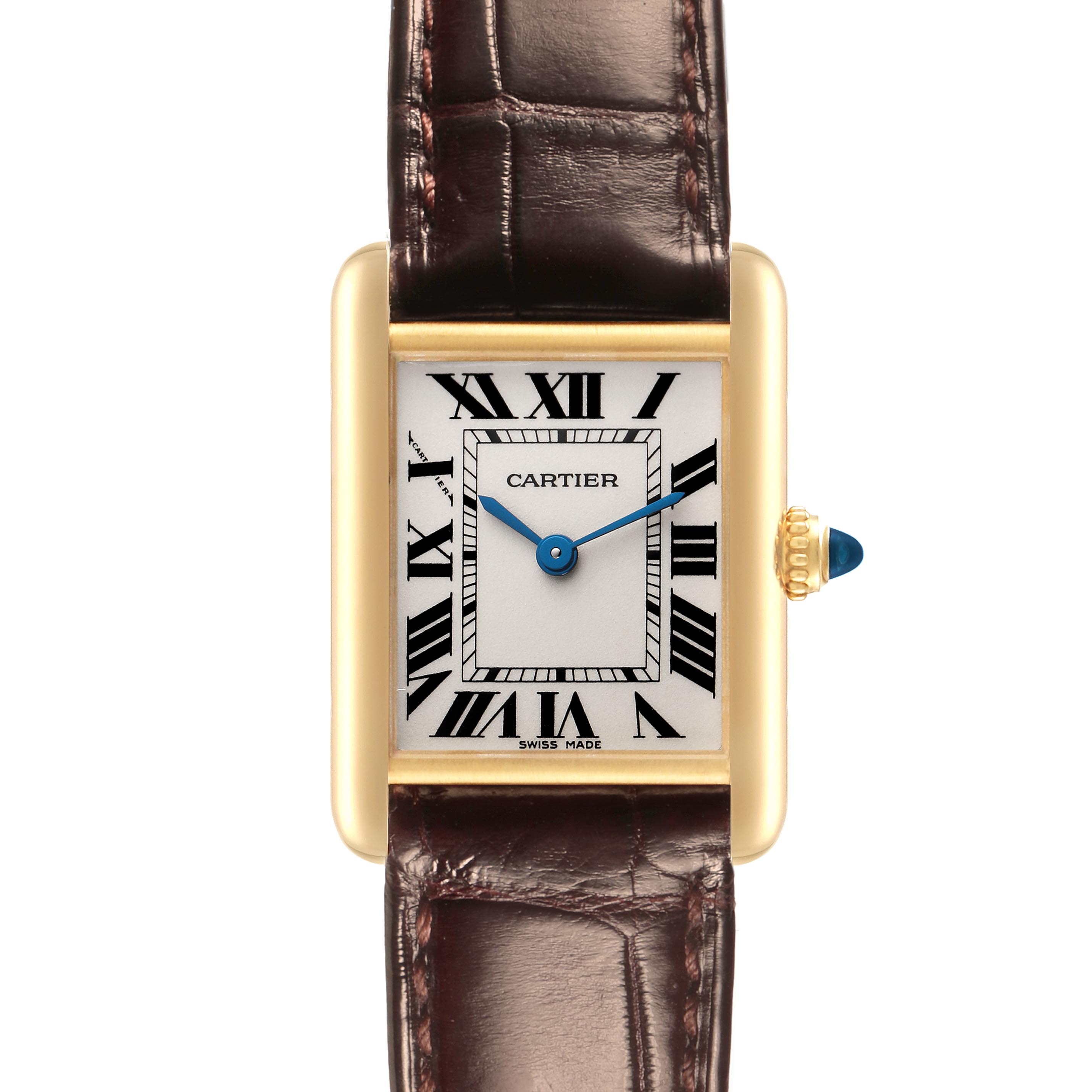 The Cartier Tank Louis W1529856 Women
s Yellow Gold Silver Dial W1529856 Women
s Yellow Gold Silver Dial watch is shown from the front, featuring its rectangular face, Roman numerals, and leather strap.