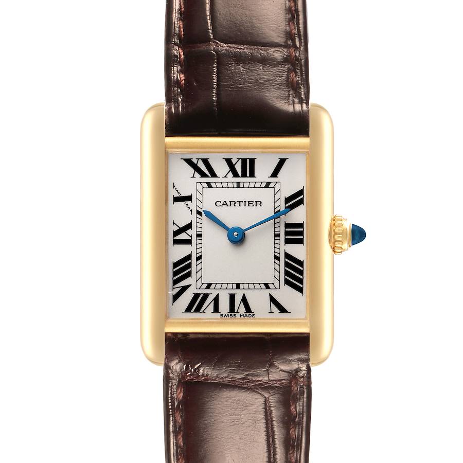 The Cartier Tank Louis watch is shown from the front, featuring its rectangular face, Roman numerals, and leather strap.