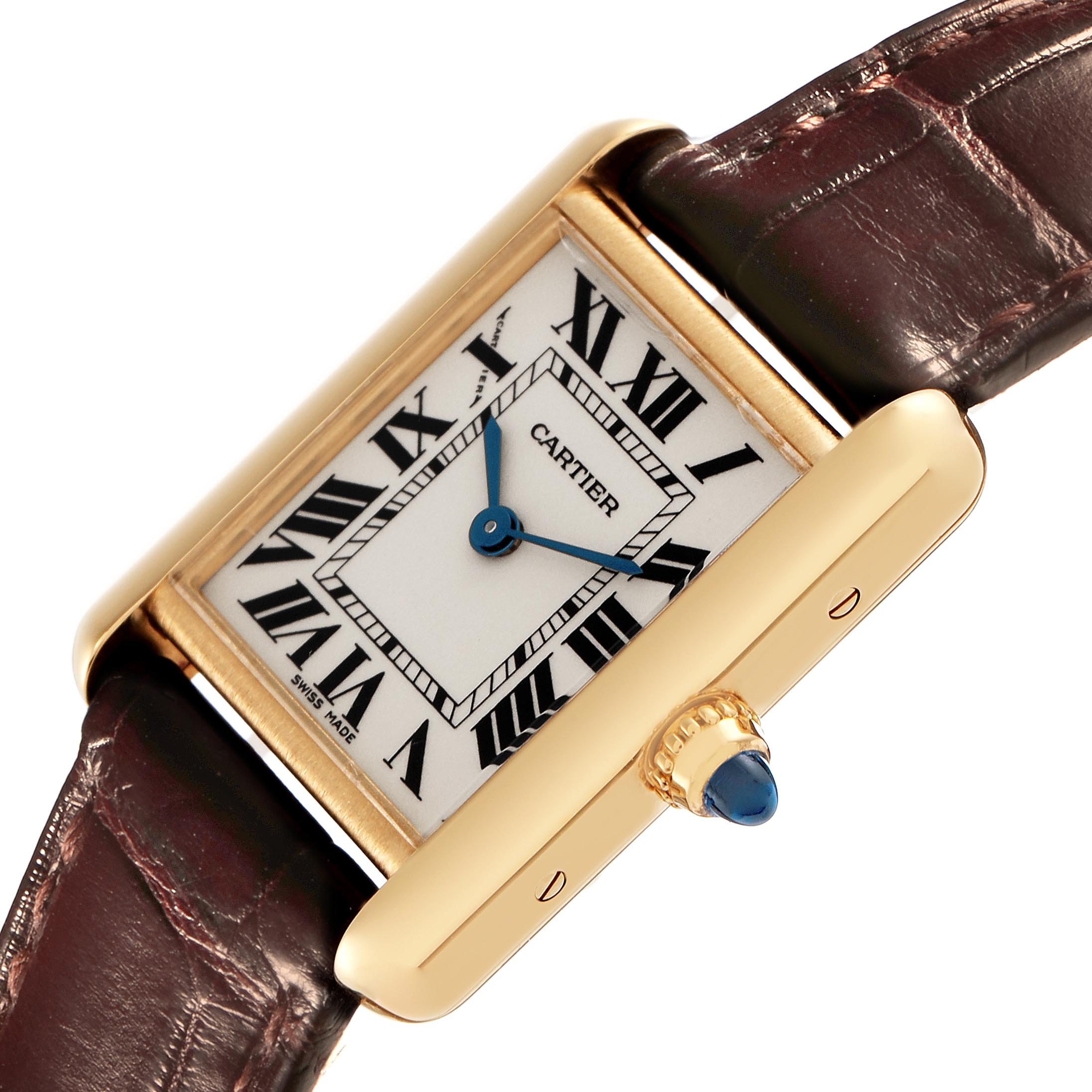 The Cartier Tank Louis W1529856 Women
s Yellow Gold Silver Dial W1529856 Women
s Yellow Gold Silver Dial watch is shown at an angled side view, displaying the dial, gold case, crown, and leather strap.