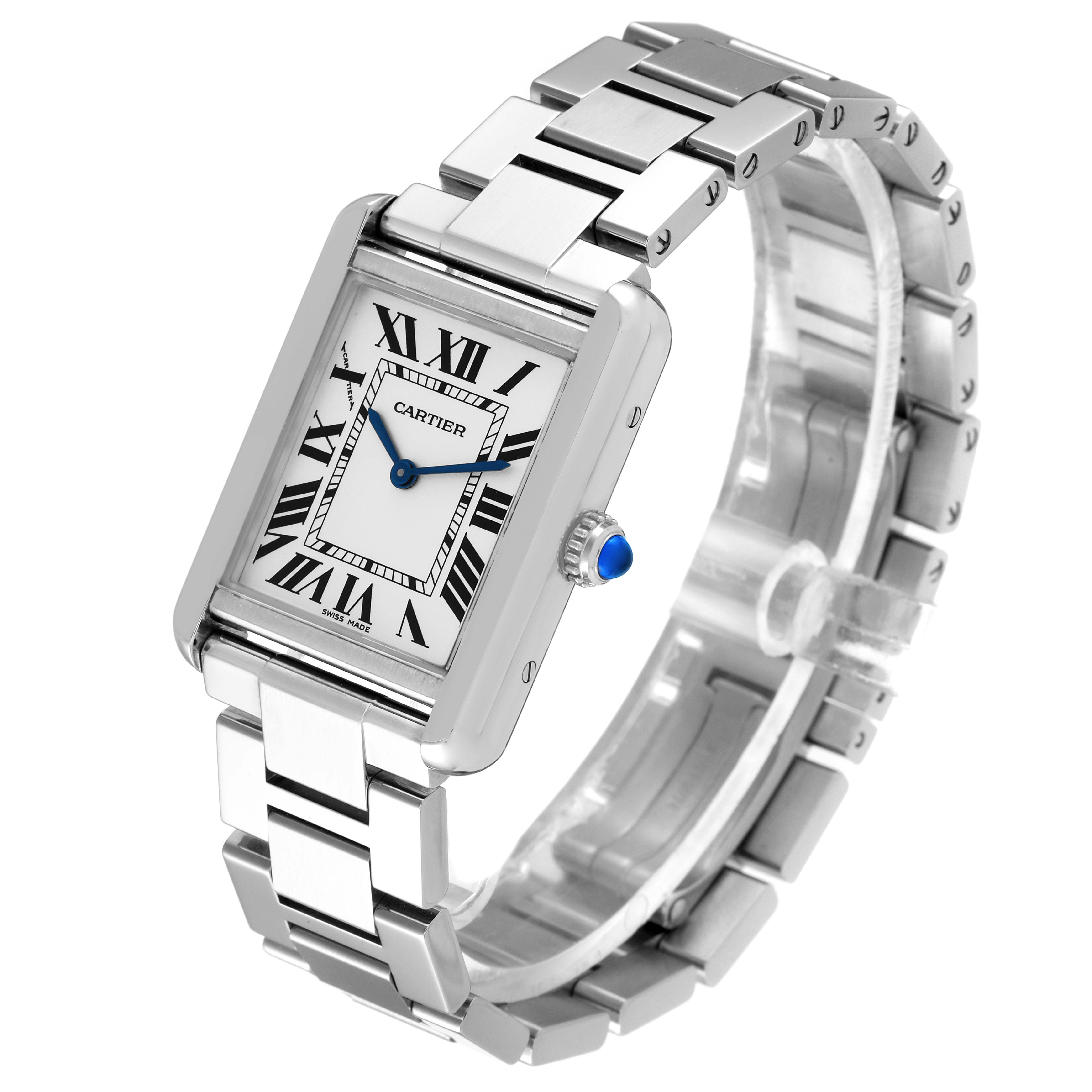 This image shows the Cartier Tank Solo W5200013 Women's Stainless Steel Silver Dial W5200013 Women's Stainless Steel Silver Dial model watch from a three-quarter angle, showcasing its face, dial, and metal bracelet.