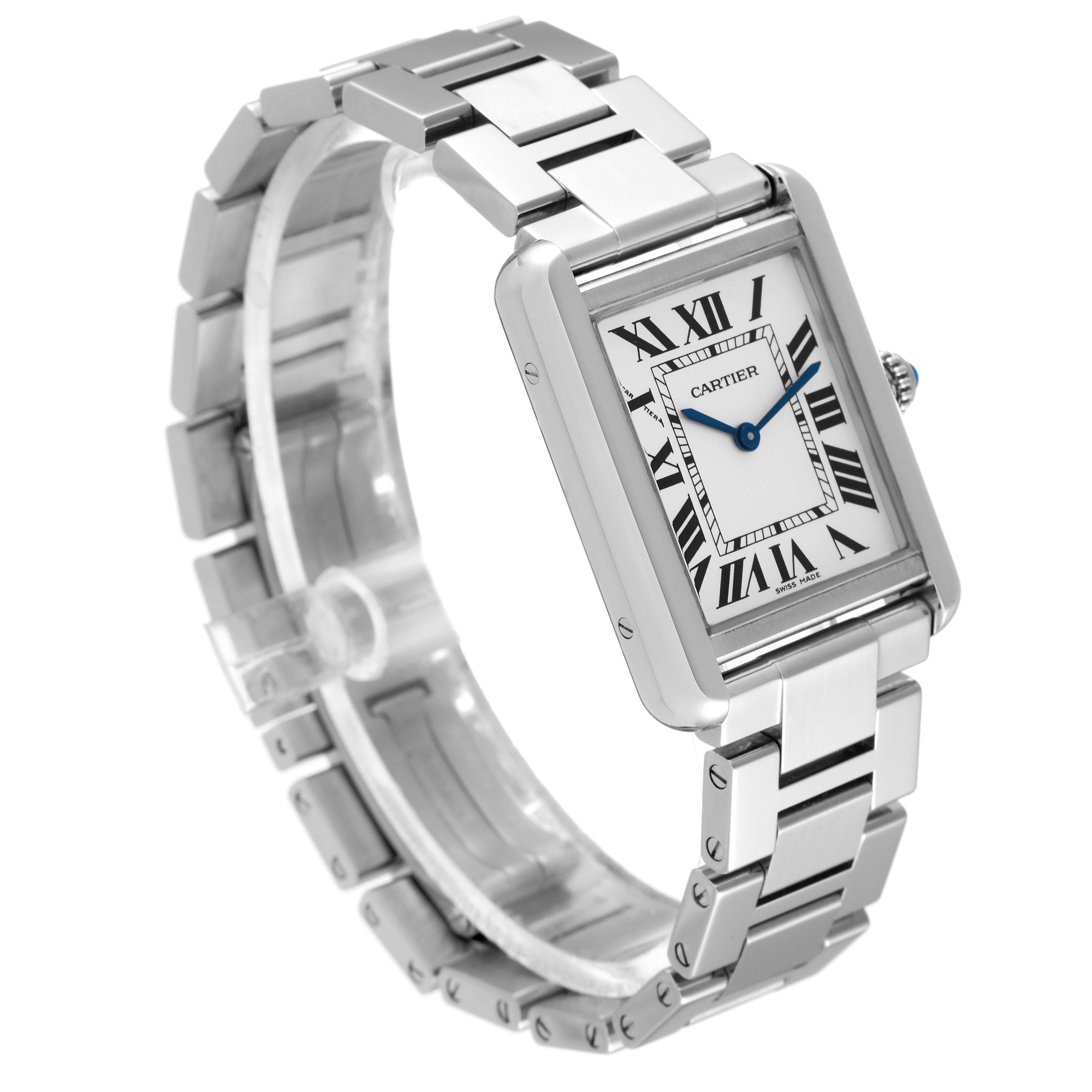 The Cartier Tank Solo W5200013 Women's Stainless Steel Silver Dial W5200013 Women's Stainless Steel Silver Dial watch is shown at a three-quarter angle, displaying the bracelet, face, and Roman numeral dial.