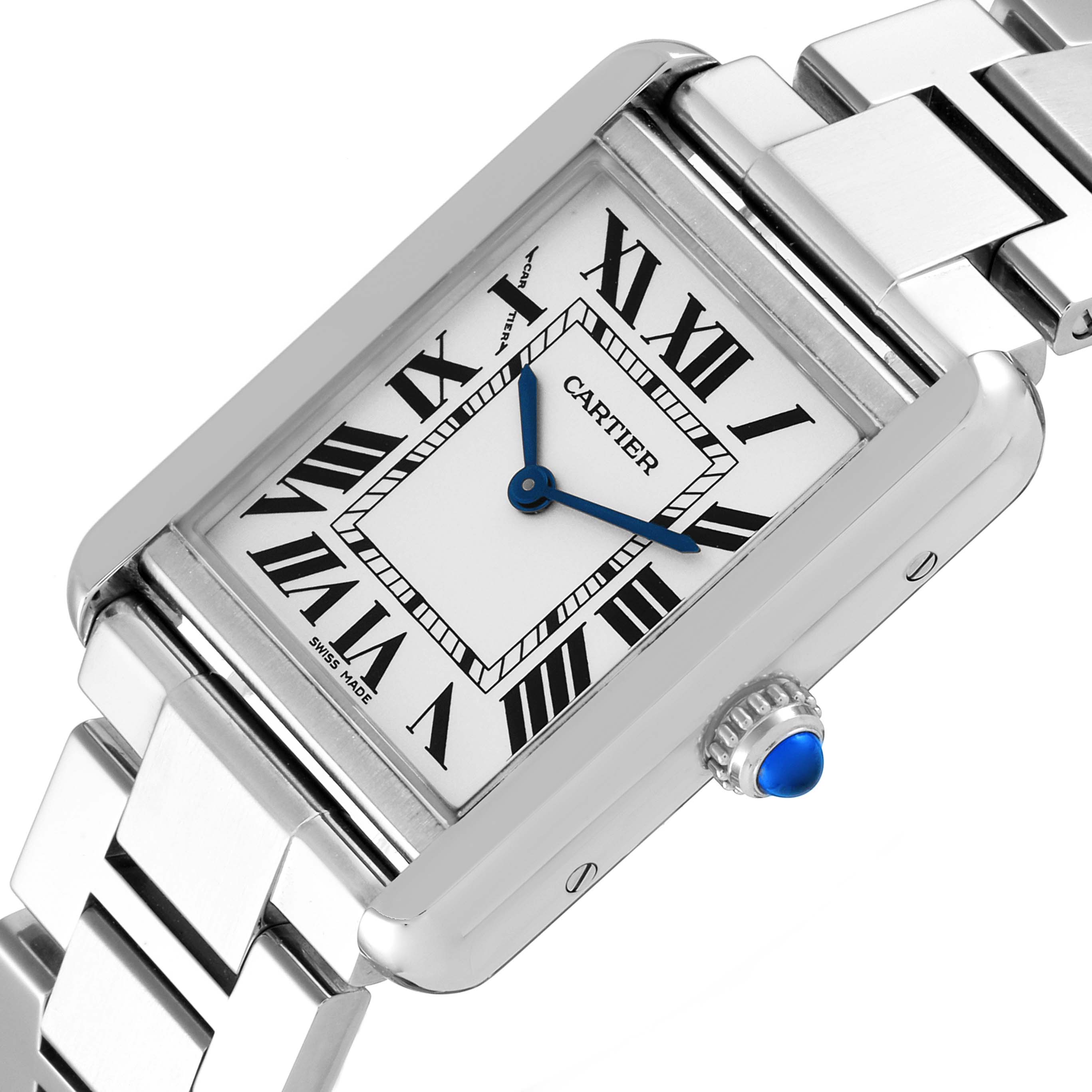 The Cartier Tank Solo W5200013 Women's Stainless Steel Silver Dial W5200013 Women's Stainless Steel Silver Dial watch is shown at an angle highlighting its rectangular face, Roman numerals, and metal bracelet.