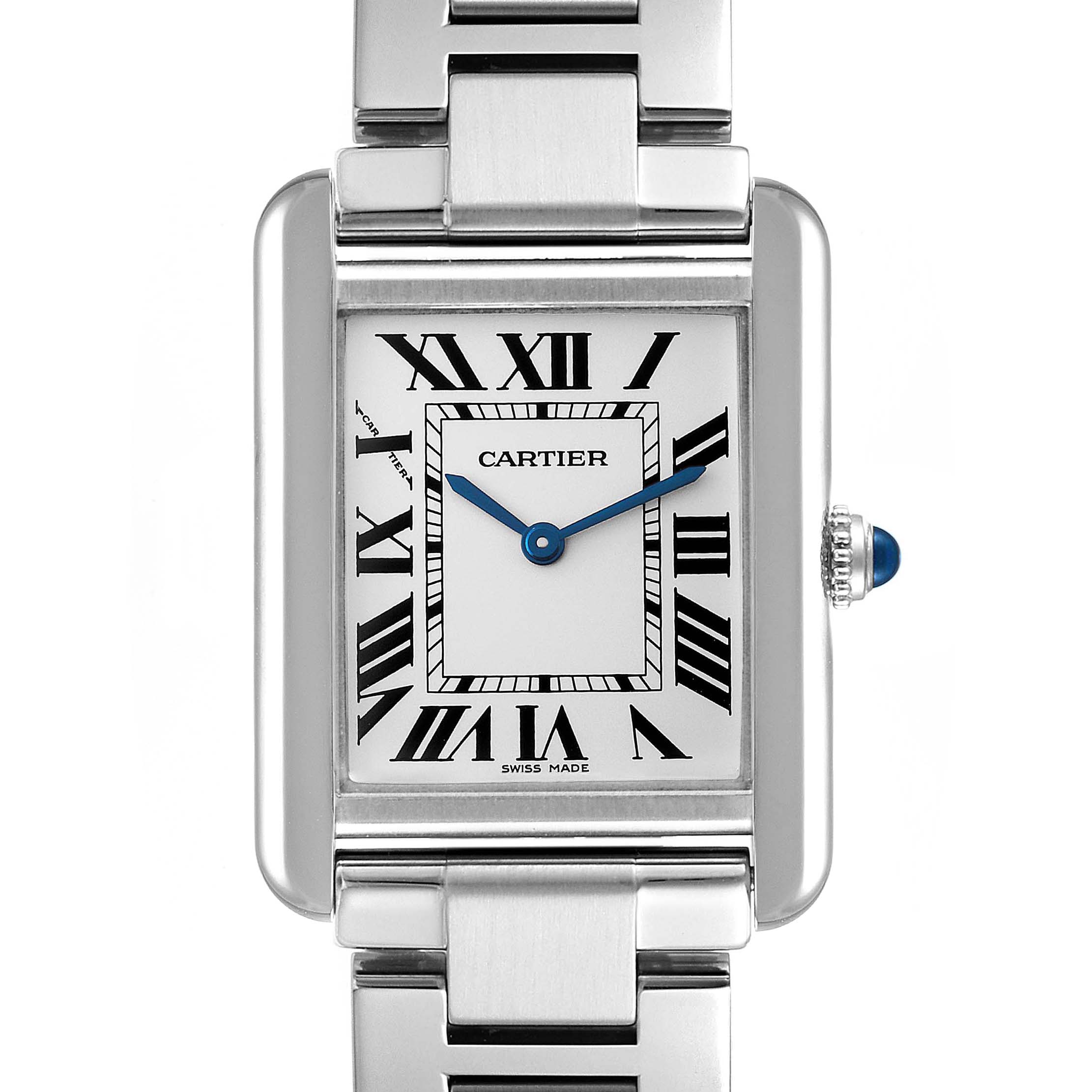 The image displays a frontal view of the Cartier Tank Solo W5200013 Women's Stainless Steel Silver Dial W5200013 Women's Stainless Steel Silver Dial watch, showcasing its dial, Roman numerals, hands, and part of the metal bracelet.