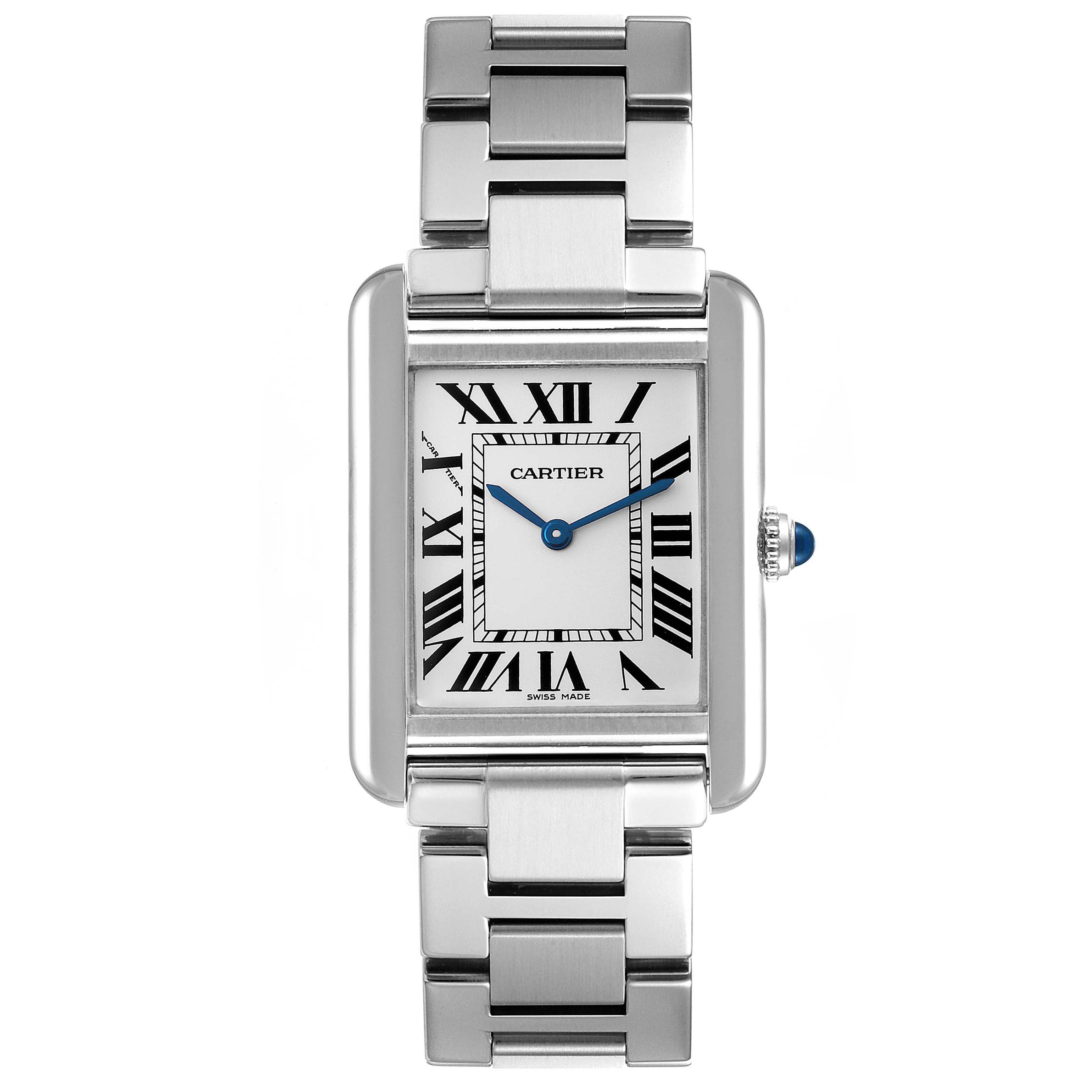 The image shows a Cartier Tank Solo W5200013 Women's Stainless Steel Silver Dial W5200013 Women's Stainless Steel Silver Dial watch from the front, displaying the face, hands, and part of the stainless steel bracelet.