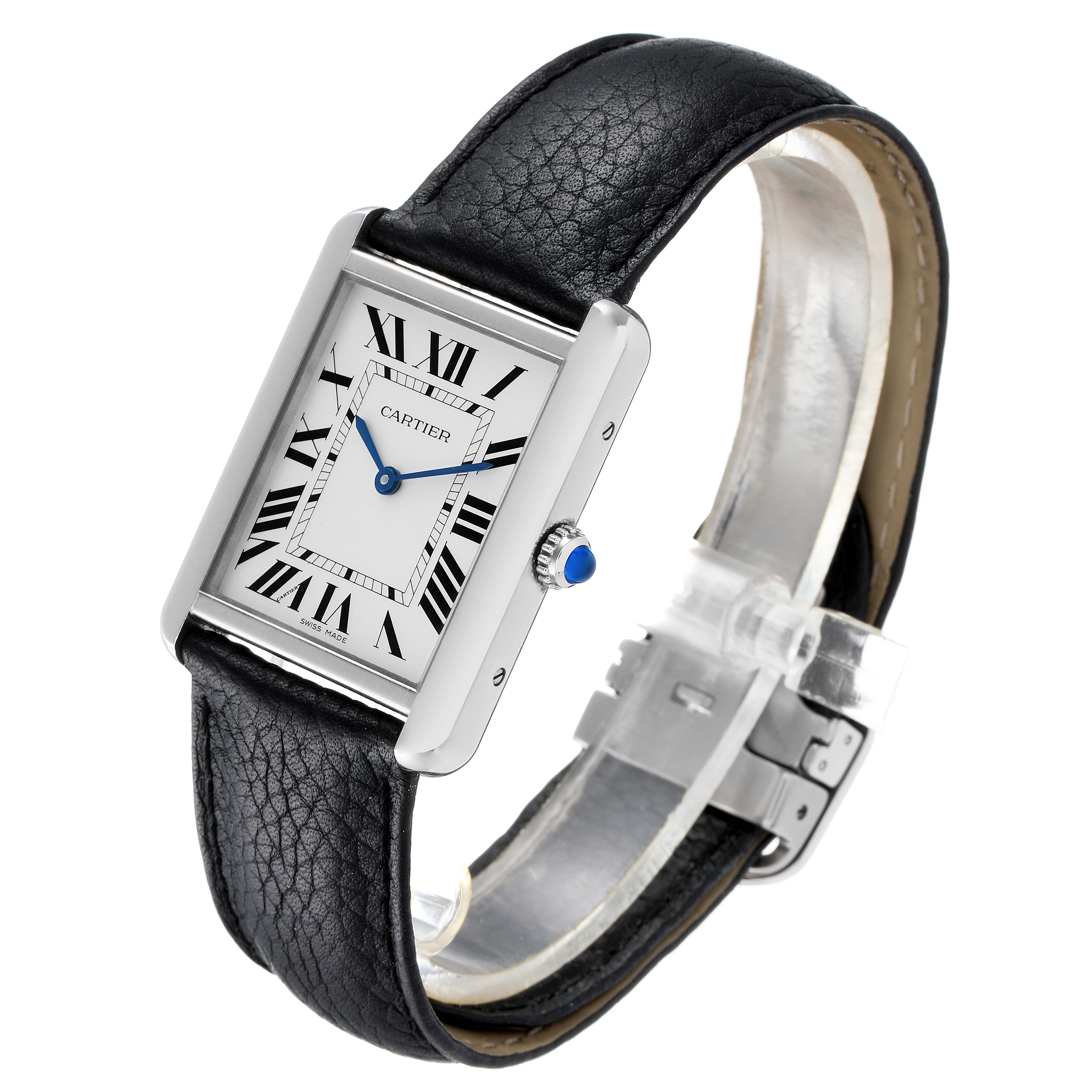 This image shows the Cartier Tank Solo W1018355 Men's Stainless Steel Silver Dial W1018355 Men's Stainless Steel Silver Dial watch at a slight front-left angle, displaying the face, strap, and crown with its blue gemstone.