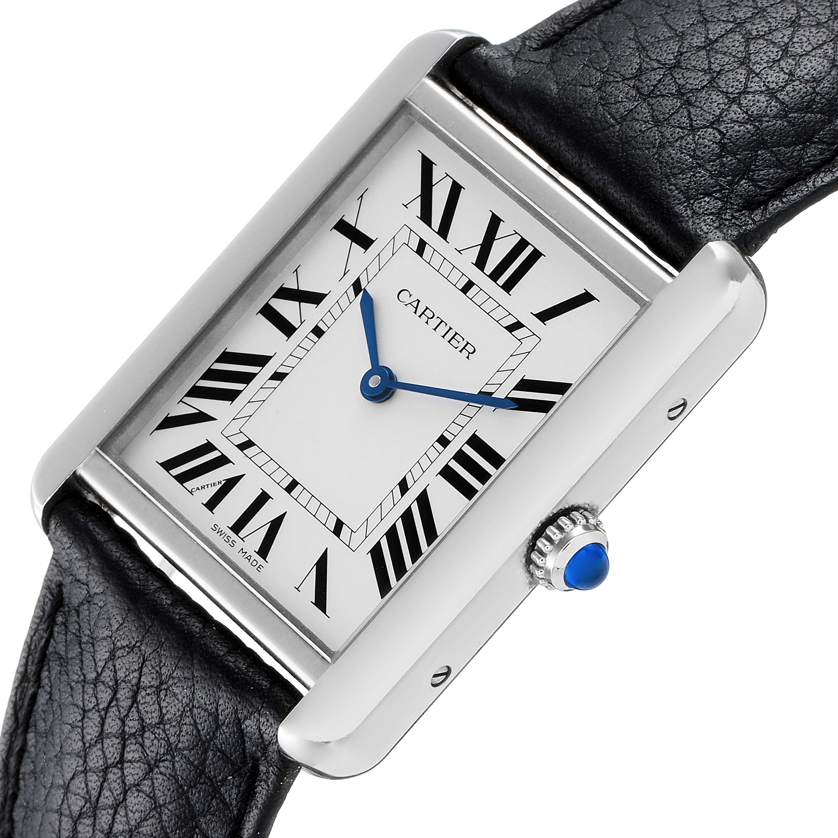 The image shows a close-up angled view of the Cartier Tank Solo W1018355 Men's Stainless Steel Silver Dial W1018355 Men's Stainless Steel Silver Dial watch, highlighting its face, crown, and leather strap.