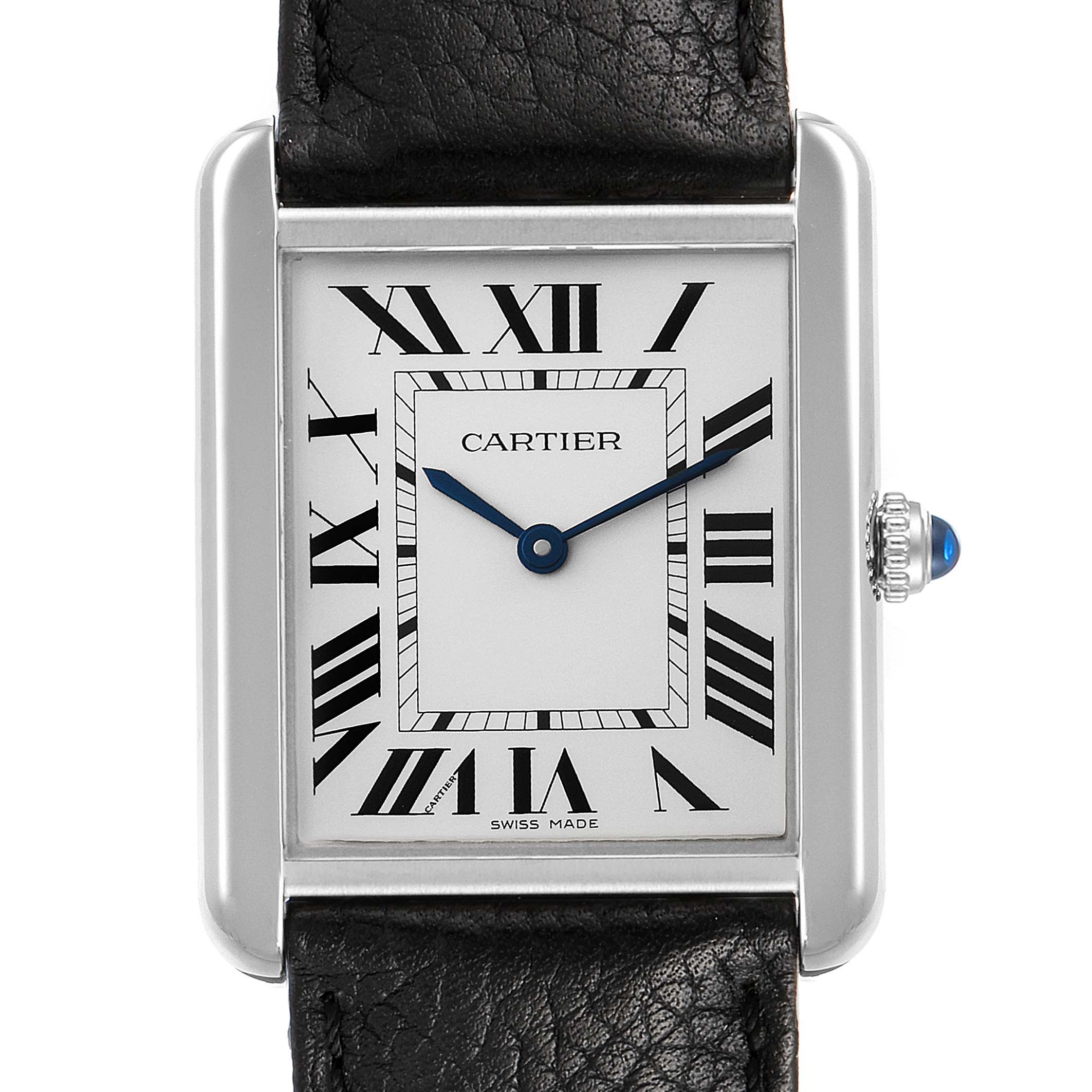 This image shows a close-up of the Cartier Tank Solo W1018355 Men's Stainless Steel Silver Dial W1018355 Men's Stainless Steel Silver Dial watch face and a portion of the black leather strap.