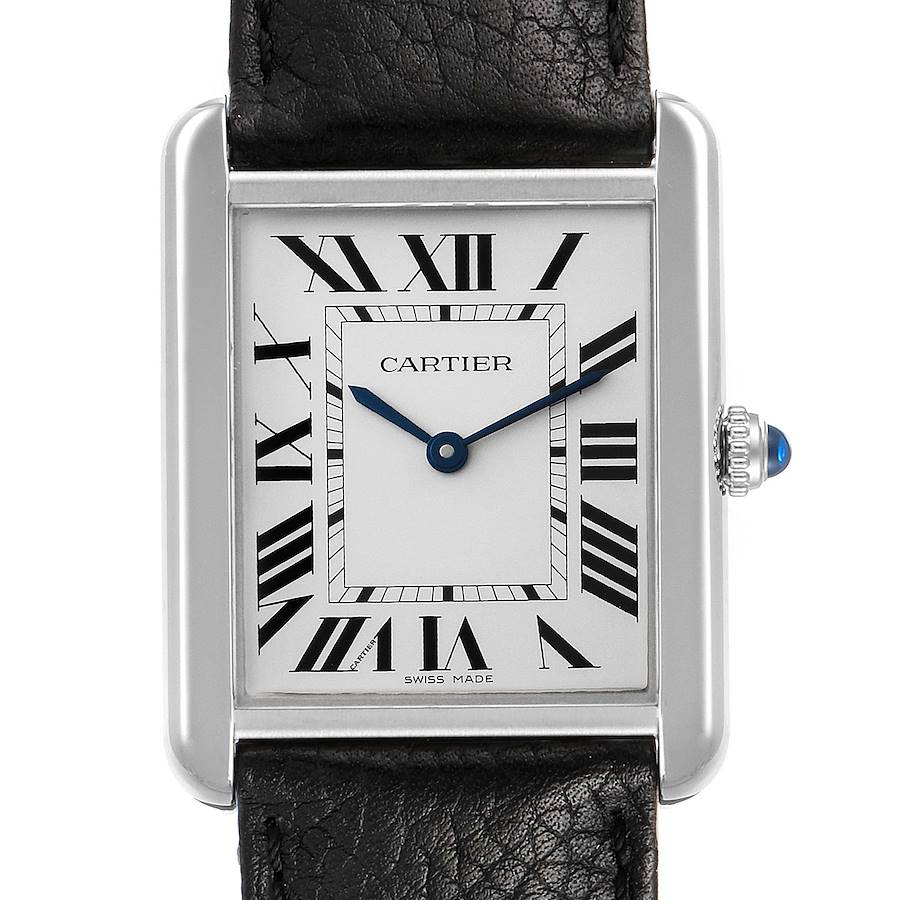 Cartier Tank Solo Steel Silver Dial Black Strap Watch W1018355 Box Papers SwissWatchExpo