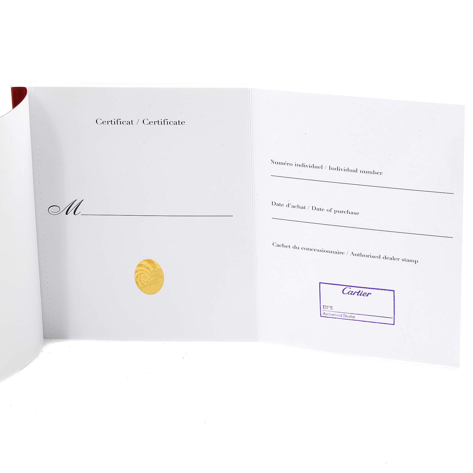 The image shows an open warranty certificate booklet for the Cartier Tank Solo W1018355 Men's Stainless Steel Silver Dial W1018355 Men's Stainless Steel Silver Dial watch.