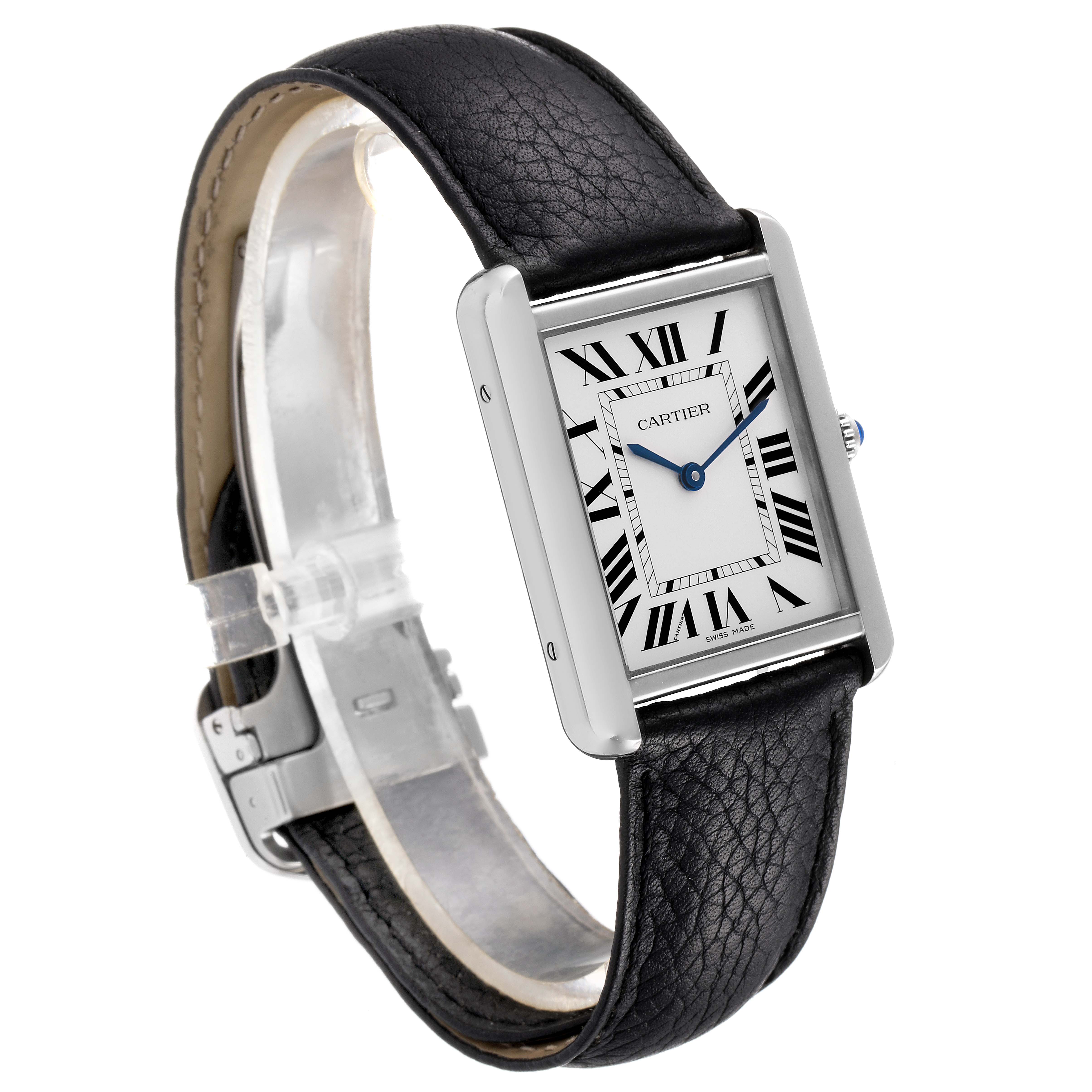 This image shows a Cartier Tank Solo W1018355 Men's Stainless Steel Silver Dial W1018355 Men's Stainless Steel Silver Dial watch at a three-quarter angle, displaying the dial, case, strap, and buckle.