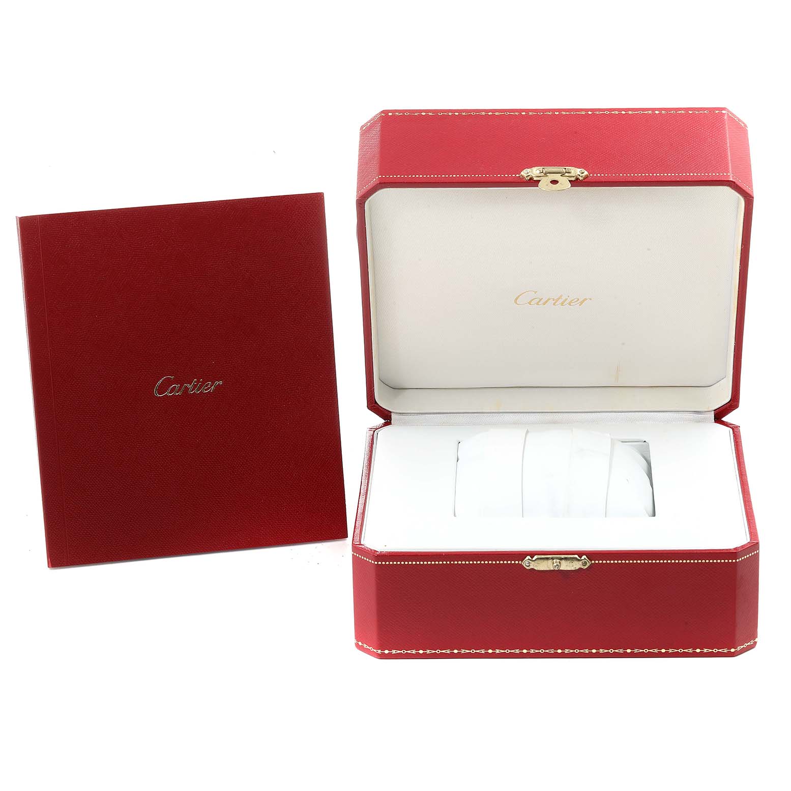 The image shows a red Cartier box and booklet for the Tank Solo watch model, with the box's lid open.