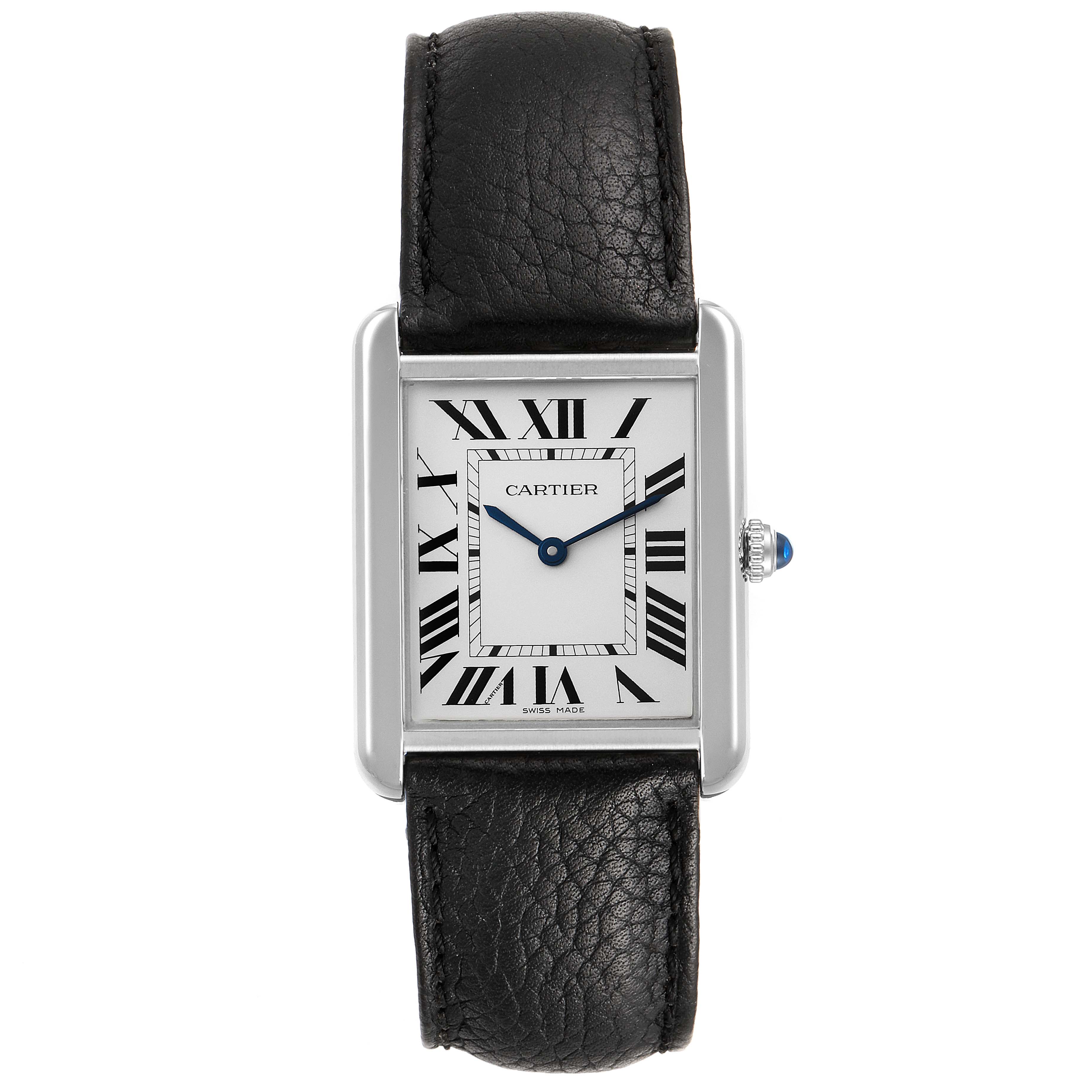 This image shows a front view of the Cartier Tank Solo W1018355 Men's Stainless Steel Silver Dial W1018355 Men's Stainless Steel Silver Dial watch, including its rectangular face and black leather strap.