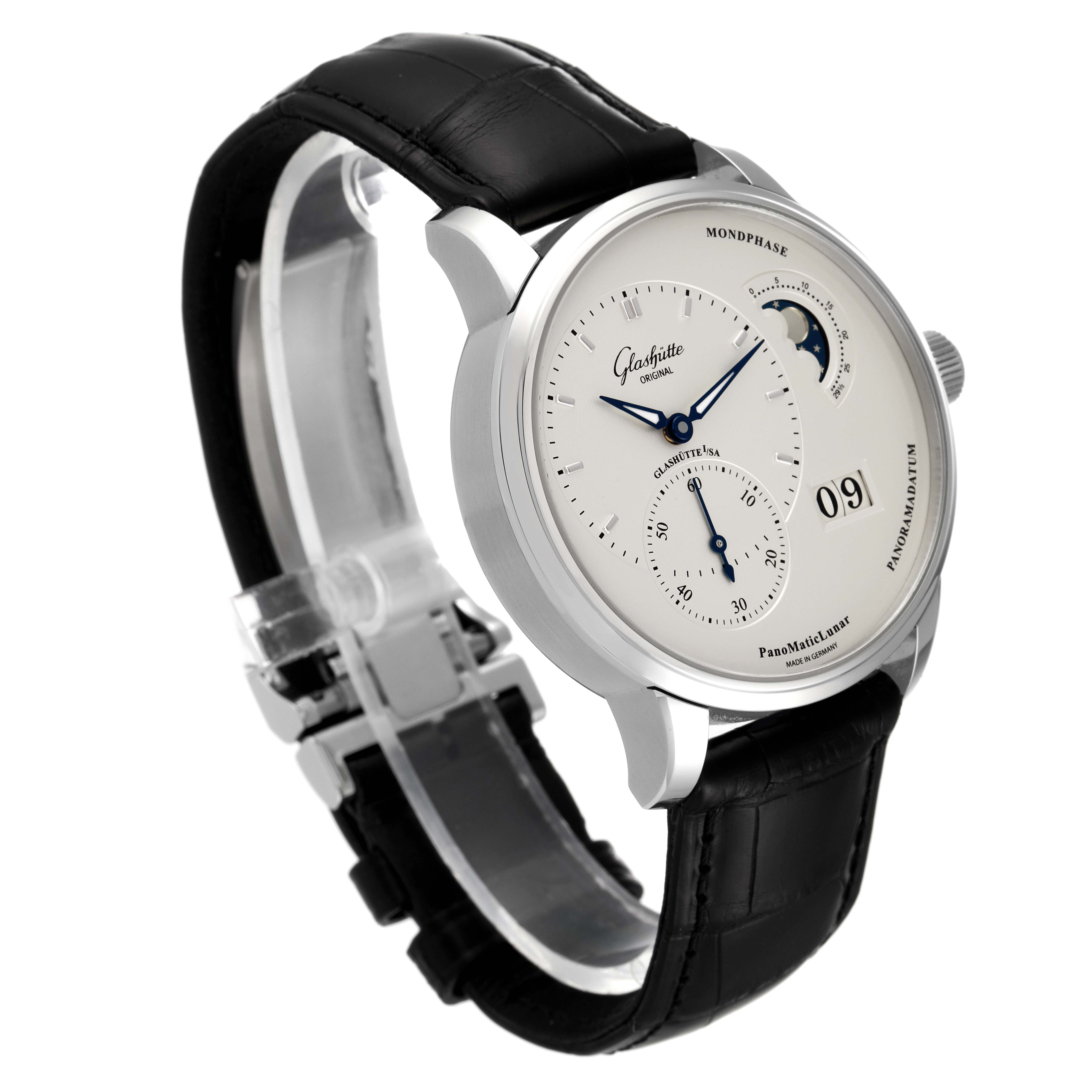 The image shows a side angle of the Glashütte Pano model watch, highlighting its face, dial, moon phase, case, and black leather strap.