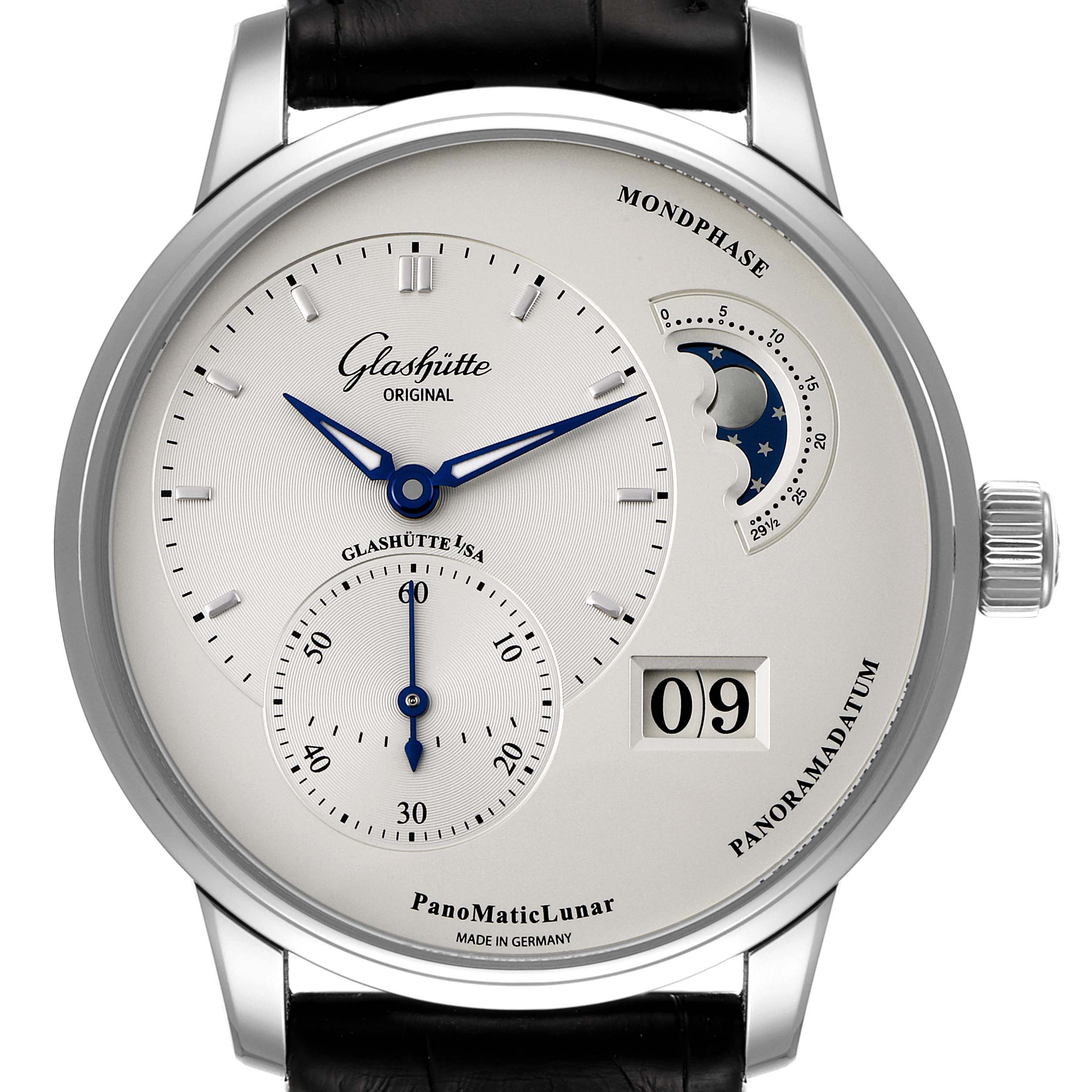 The image shows a front view of the Glashütte PanoMaticLunar watch, displaying its dials, moon phase, and date window.