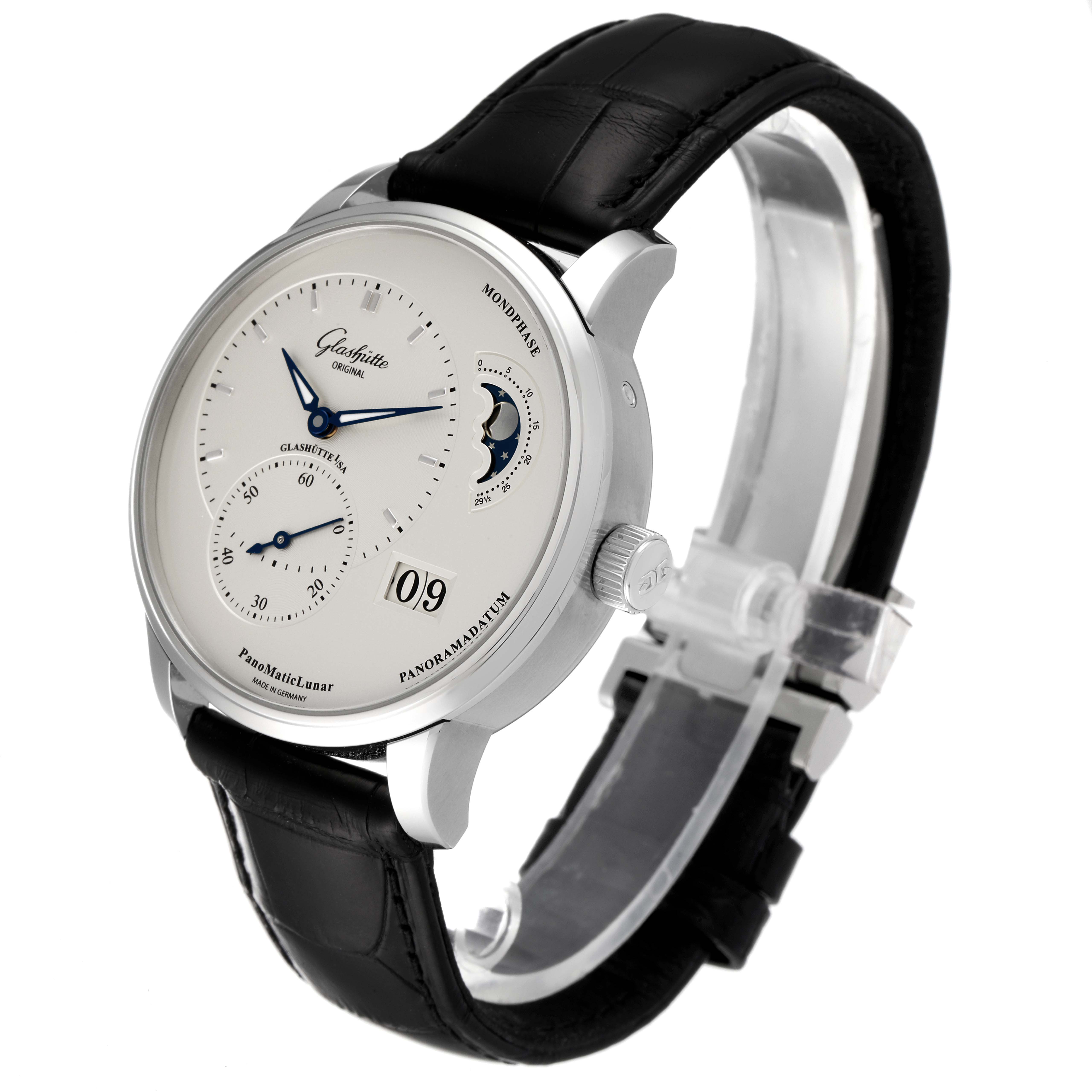 The Glashütte Pano model watch is shown at a 3/4 angle, displaying its face, crown, and black leather strap.