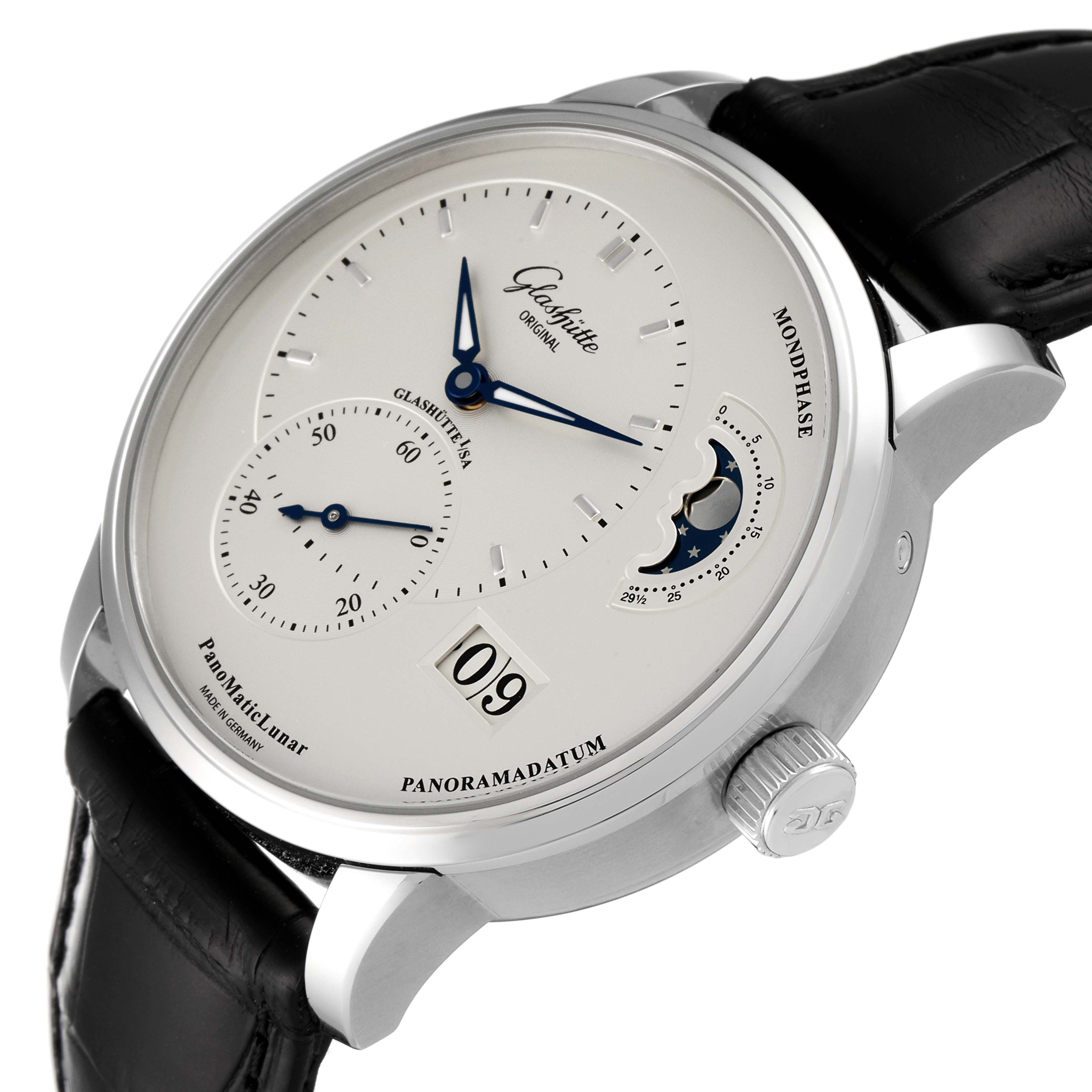 This image shows a Glashutte Pano 1-90-02-42-32-05 Men's Stainless Steel Silver Dial 1-90-02-42-32-05 Men's Stainless Steel Silver DialMaticLunar watch from a slight angle, highlighting the face, crown, and leather strap.