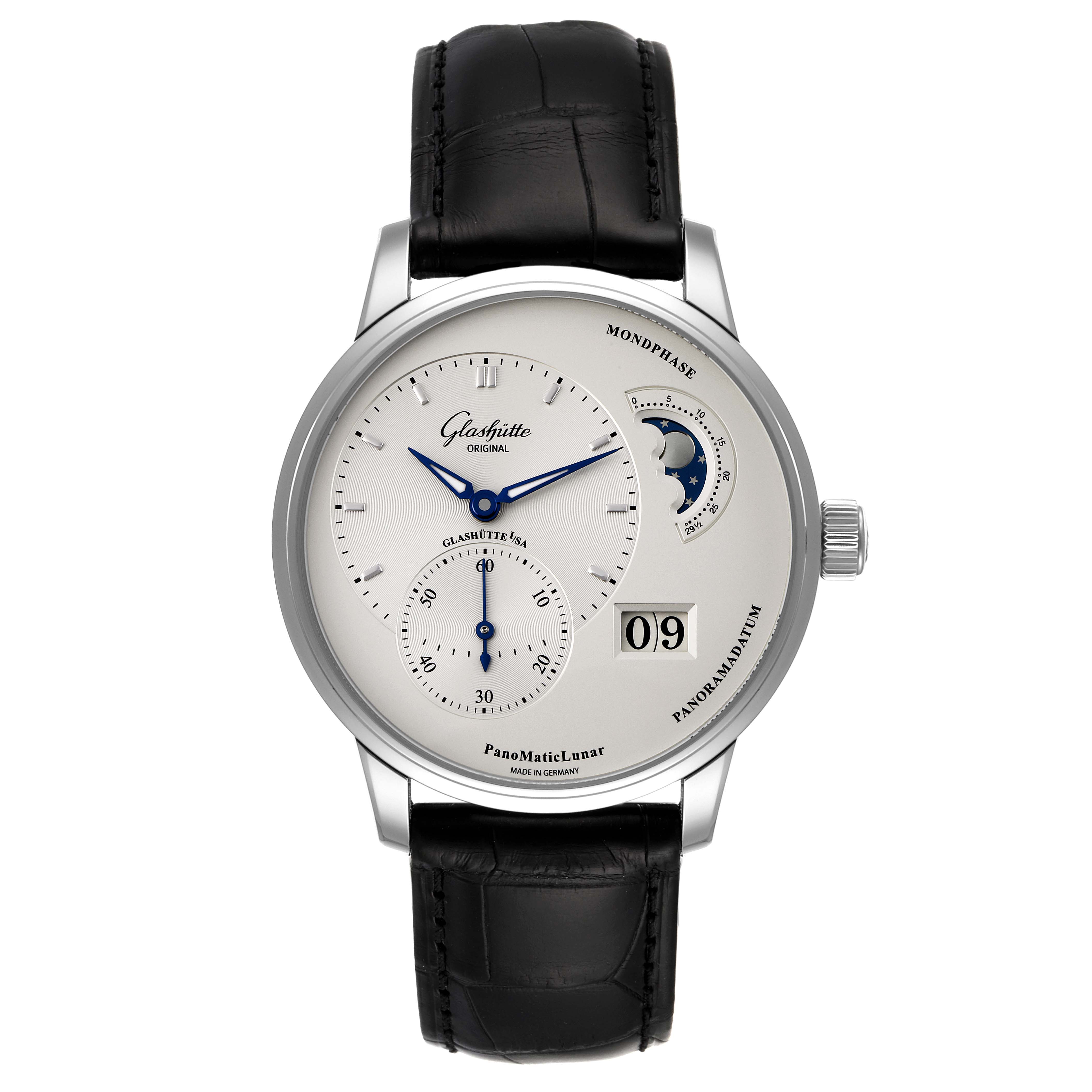 The image shows a front view of the Glashütte PanoMaticLunar watch with its dial, hands, moonphase, date display, and black leather strap.