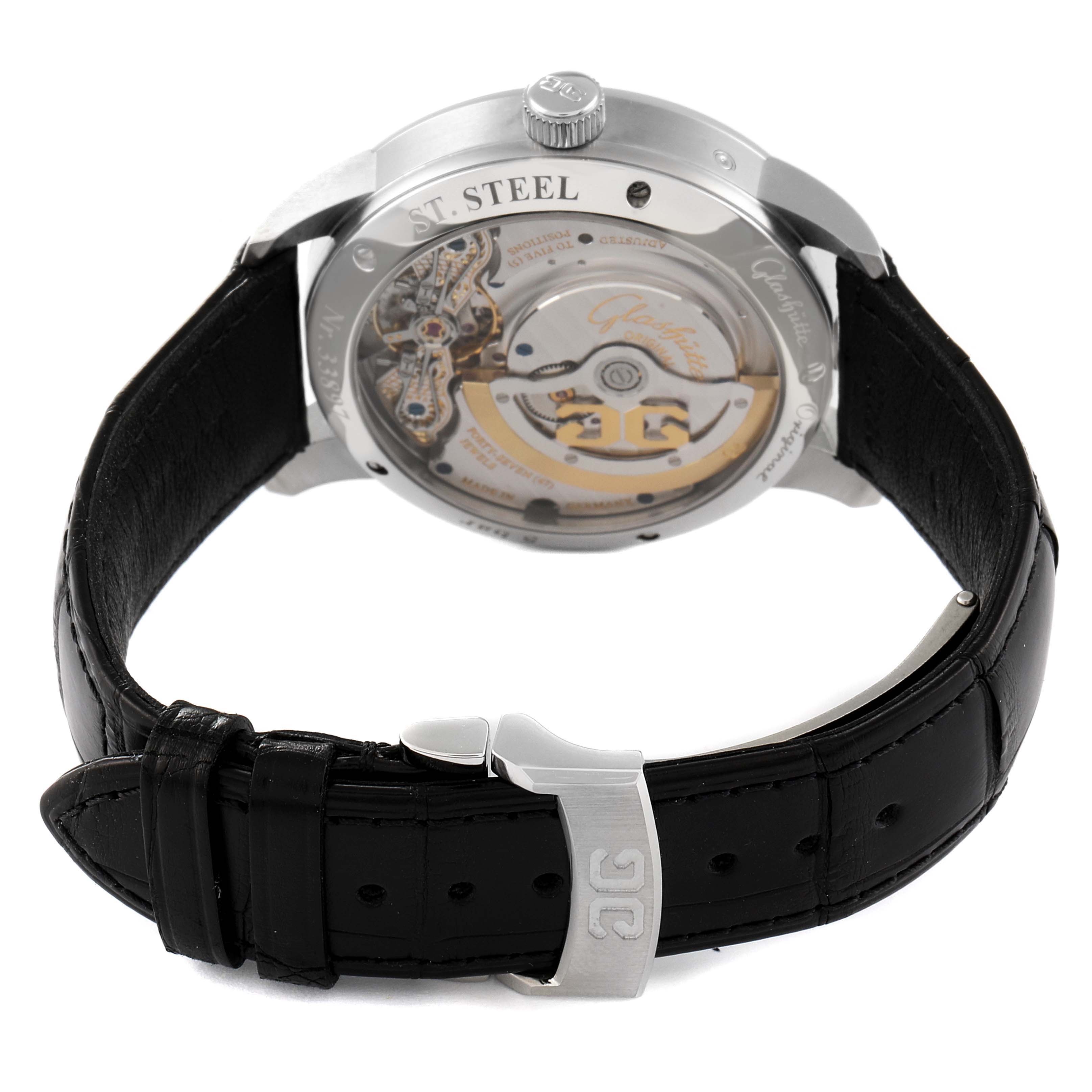 The image shows the back view of a Glashutte Pano 1-90-02-42-32-05 Men's Stainless Steel Silver Dial 1-90-02-42-32-05 Men's Stainless Steel Silver Dial model watch, highlighting its internal mechanisms and black leather strap.