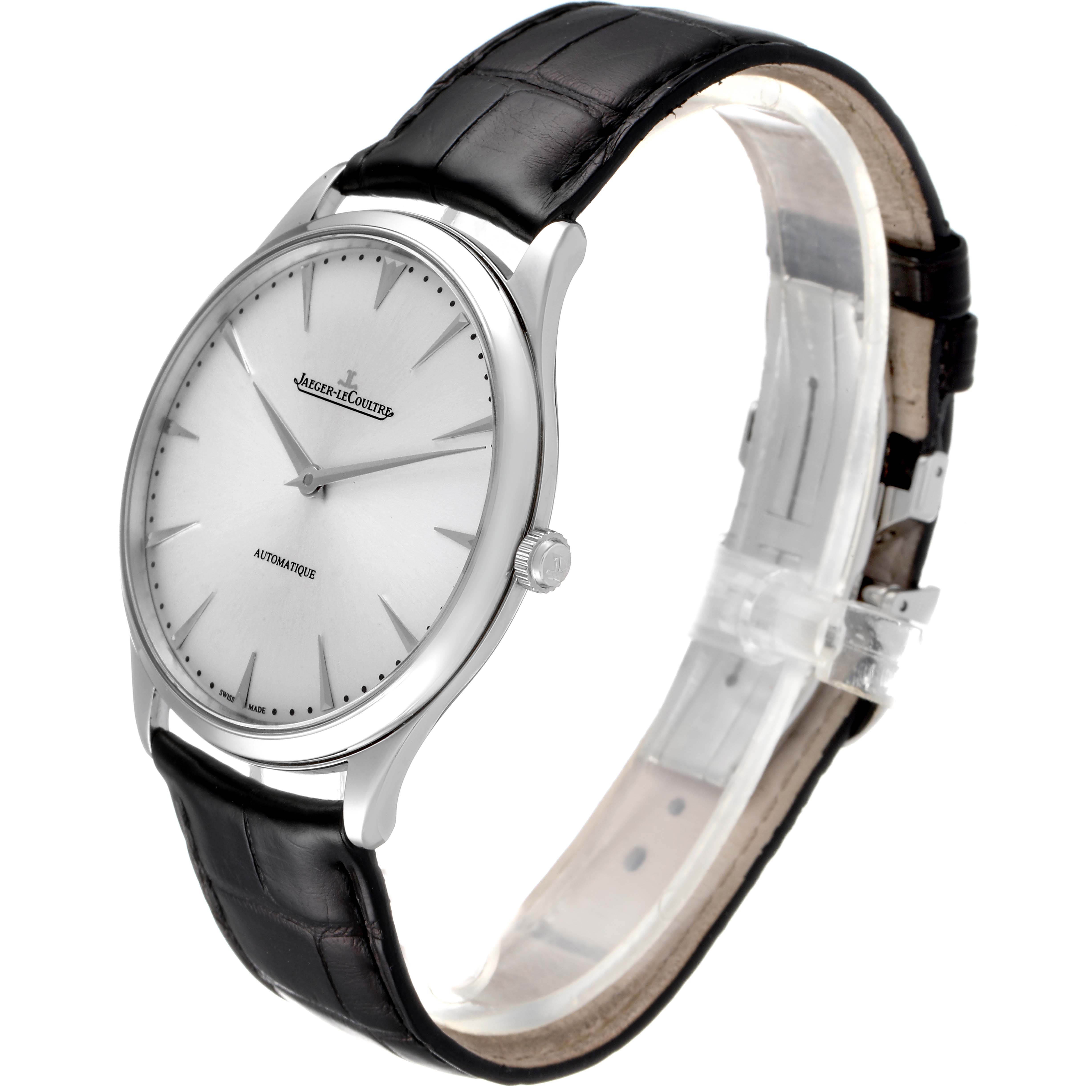 The Jaeger LeCoultre Master Q1338421 Men
s Stainless Steel Silver Dial Q1338421 Men
s Stainless Steel Silver Dial model watch is shown at a three-quarter angle, displaying the face, crown, and a portion of the black leather strap.