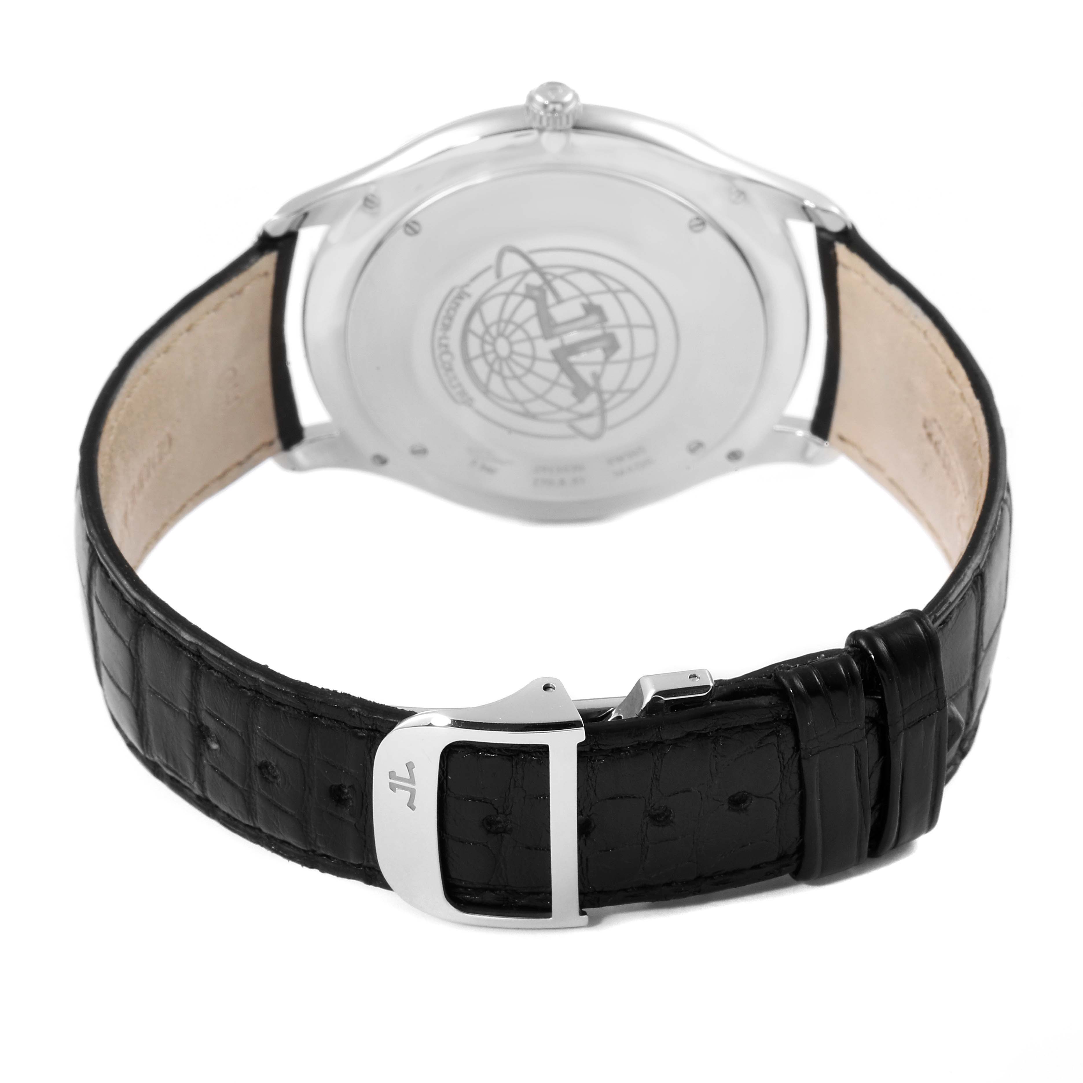 The image shows the back view of the Jaeger-LeCoultre Master model watch, highlighting its case back, strap, and clasp.