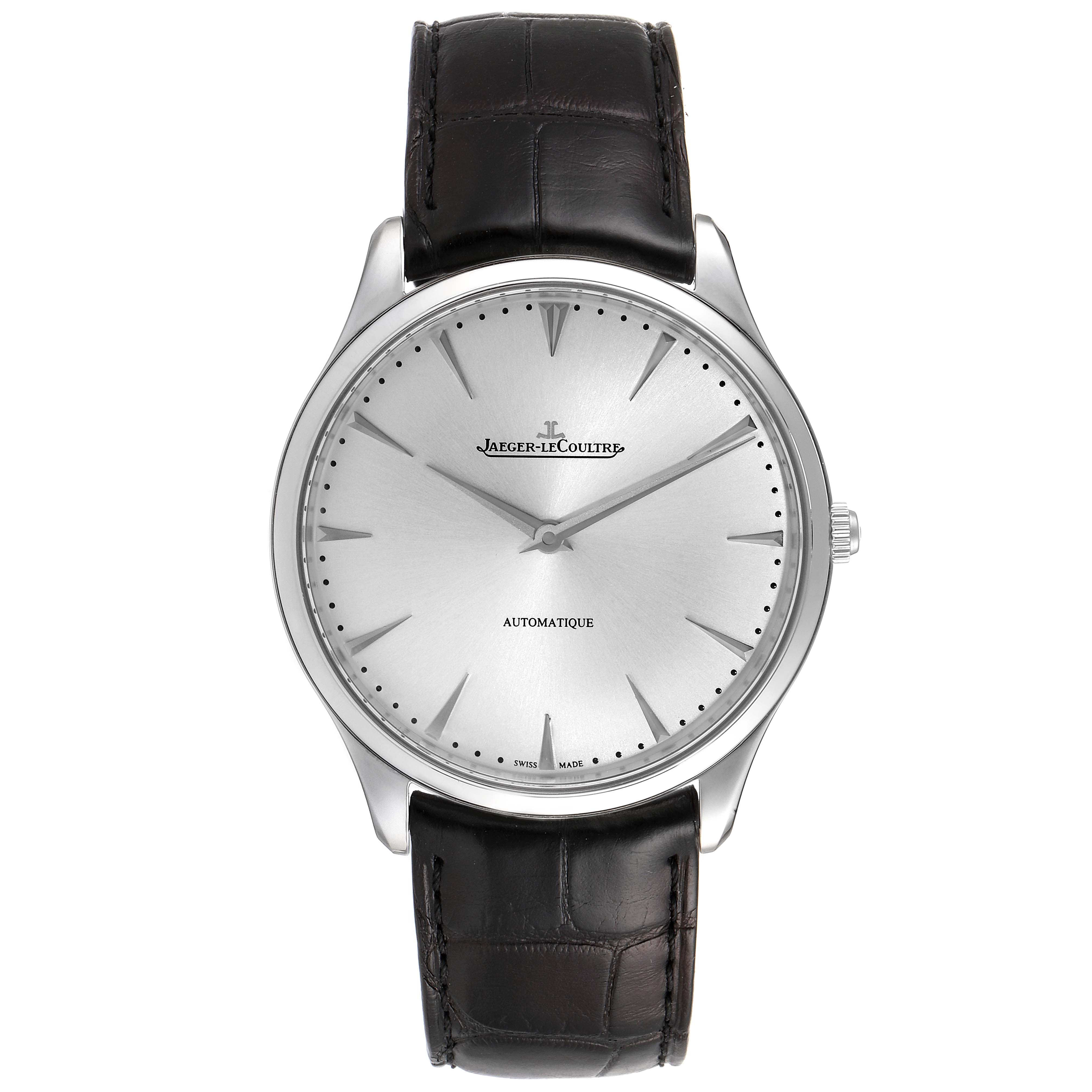 The Jaeger LeCoultre Master Q1338421 Men
s Stainless Steel Silver Dial Q1338421 Men
s Stainless Steel Silver Dial model watch is shown from a front angle, displaying the dial, bezel, case, and leather strap.