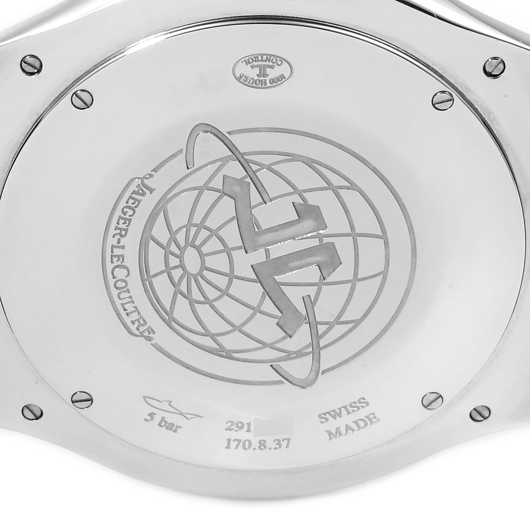 This image shows the stainless steel case back of the Jaeger-LeCoultre Master model watch from a top-down angle.