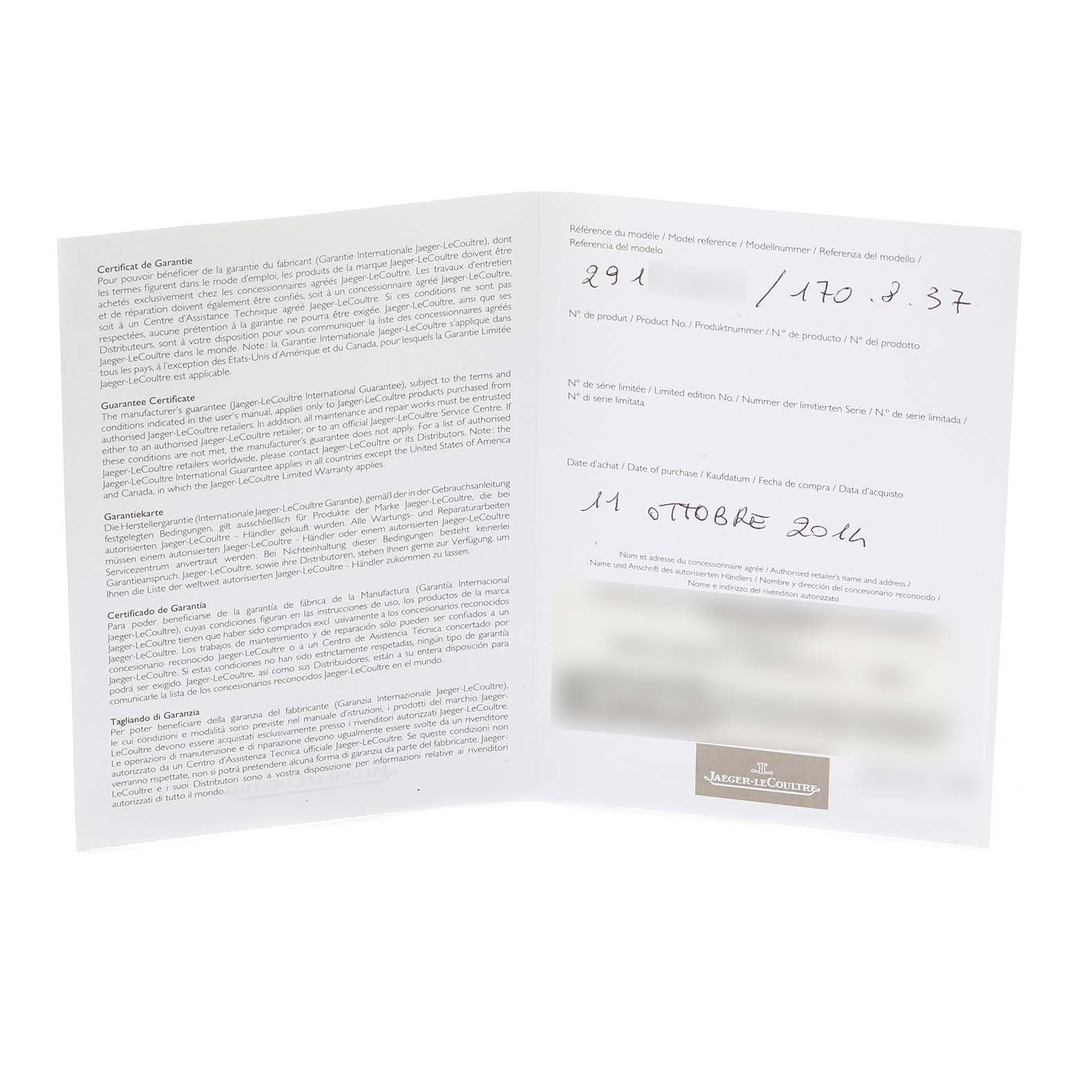 This image shows warranty paperwork for a Jaeger-LeCoultre Master model watch, photographed facing forward.