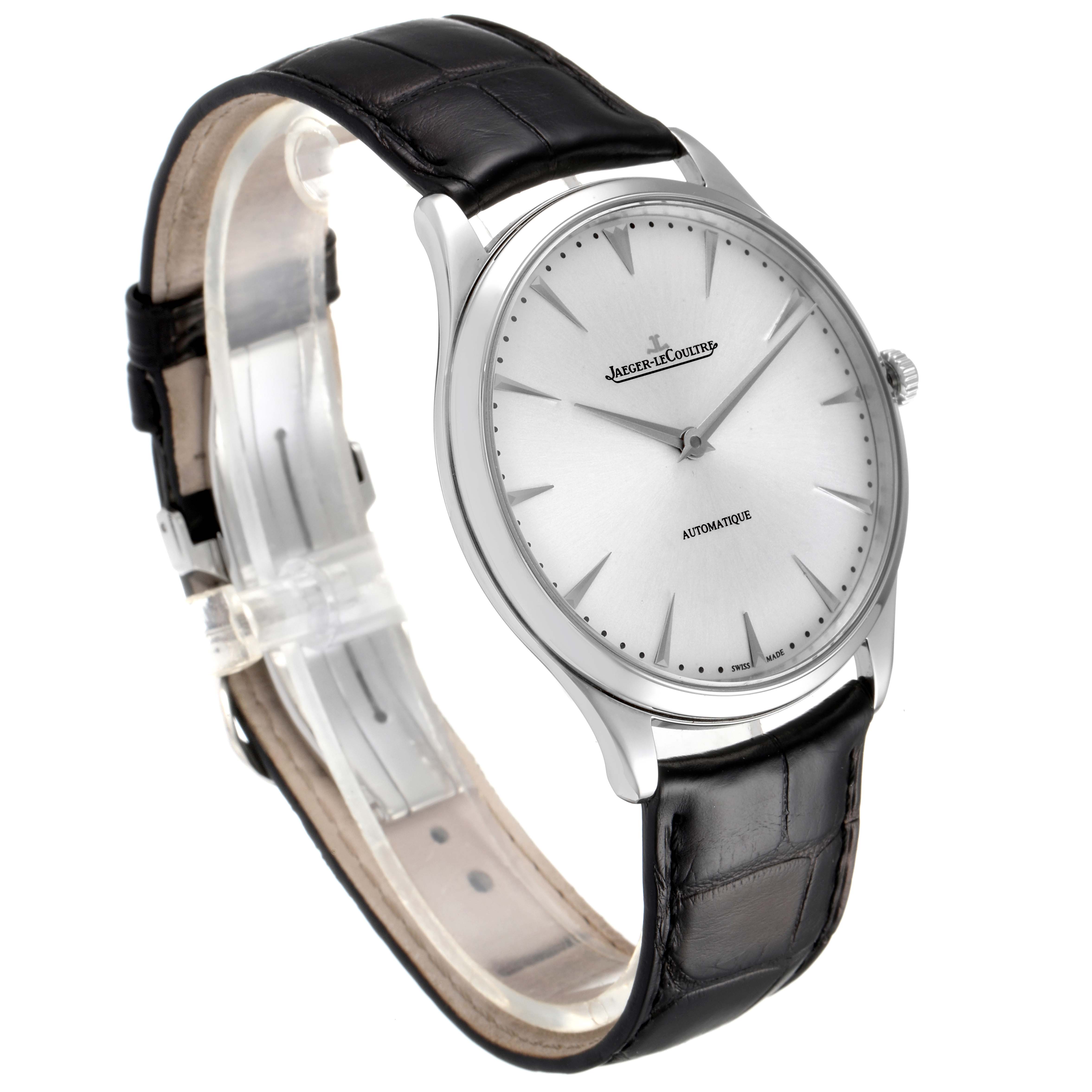 The image shows a Jaeger LeCoultre Master Q1338421 Men
s Stainless Steel Silver Dial Q1338421 Men
s Stainless Steel Silver Dial model watch at a side angle, highlighting its dial, case, and leather strap.