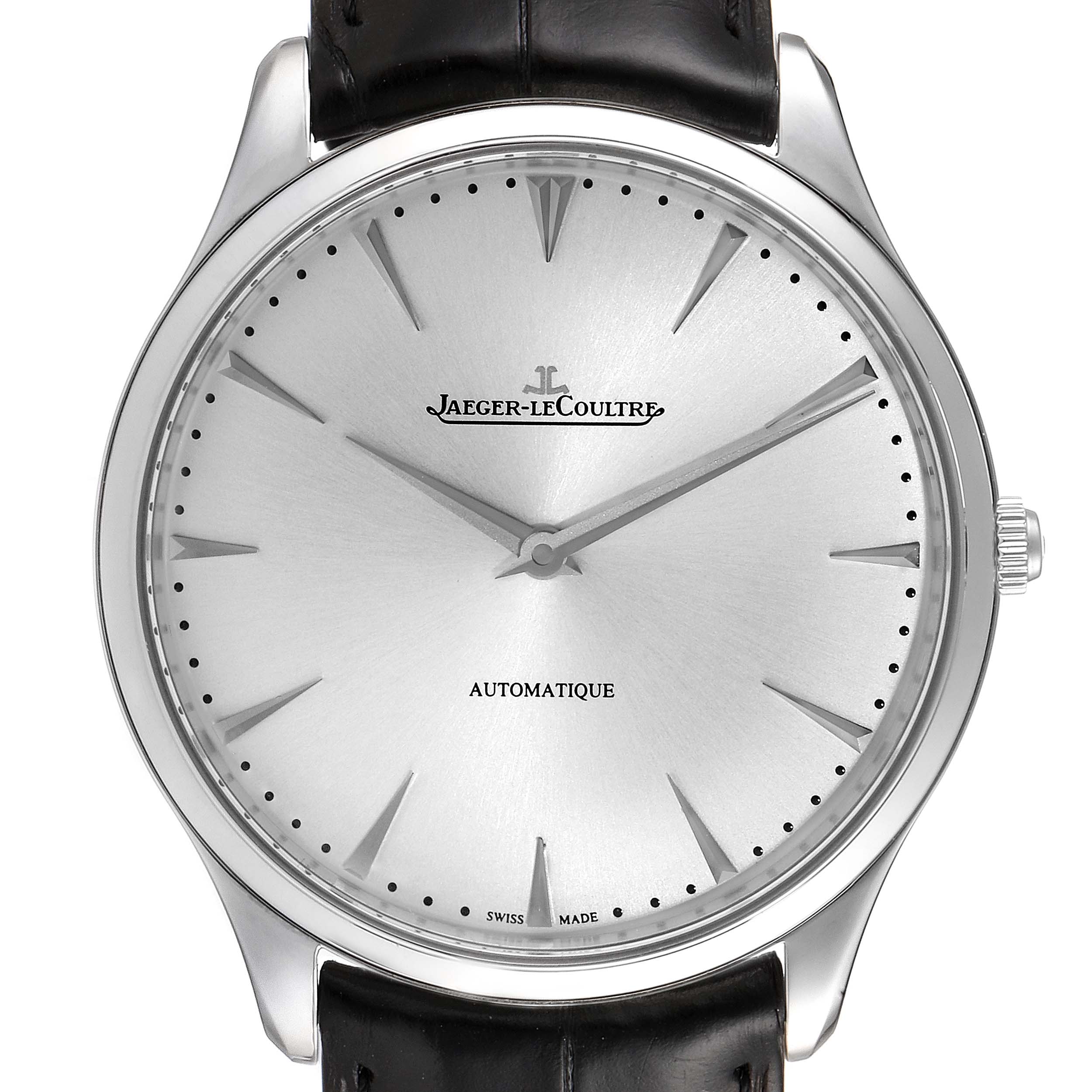 This is a front view of the Jaeger LeCoultre Master Q1338421 Men
s Stainless Steel Silver Dial Q1338421 Men
s Stainless Steel Silver Dial watch, showing the dial, hour markers, and part of the leather strap.