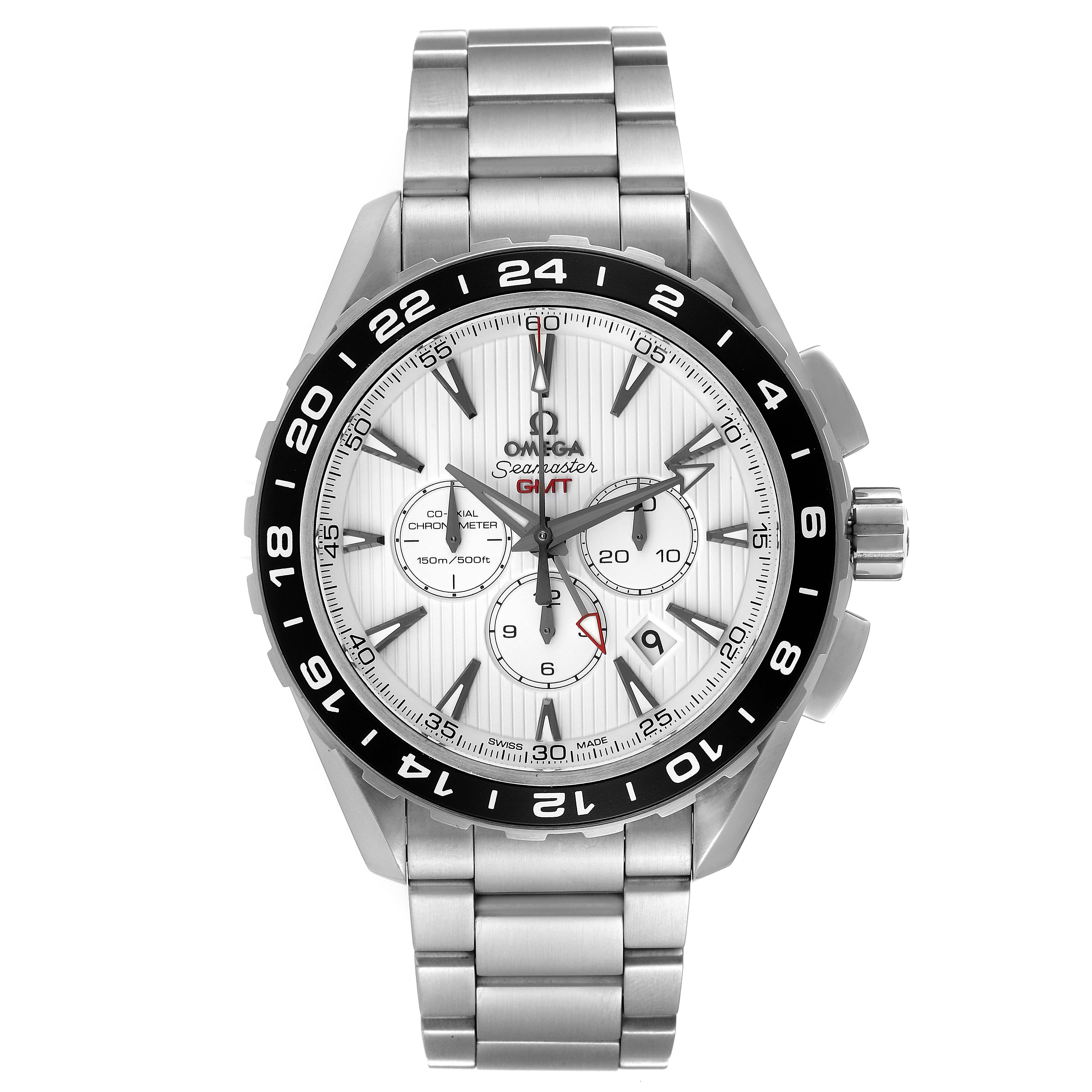 The image shows a front view of the Omega Aqua Terra 231.10.44.52.04.001 Men
s Stainless Steel White Dial 231.10.44.52.04.001 Men
s Stainless Steel White Dial watch featuring its face, hour markers, bezel, and bracelet.