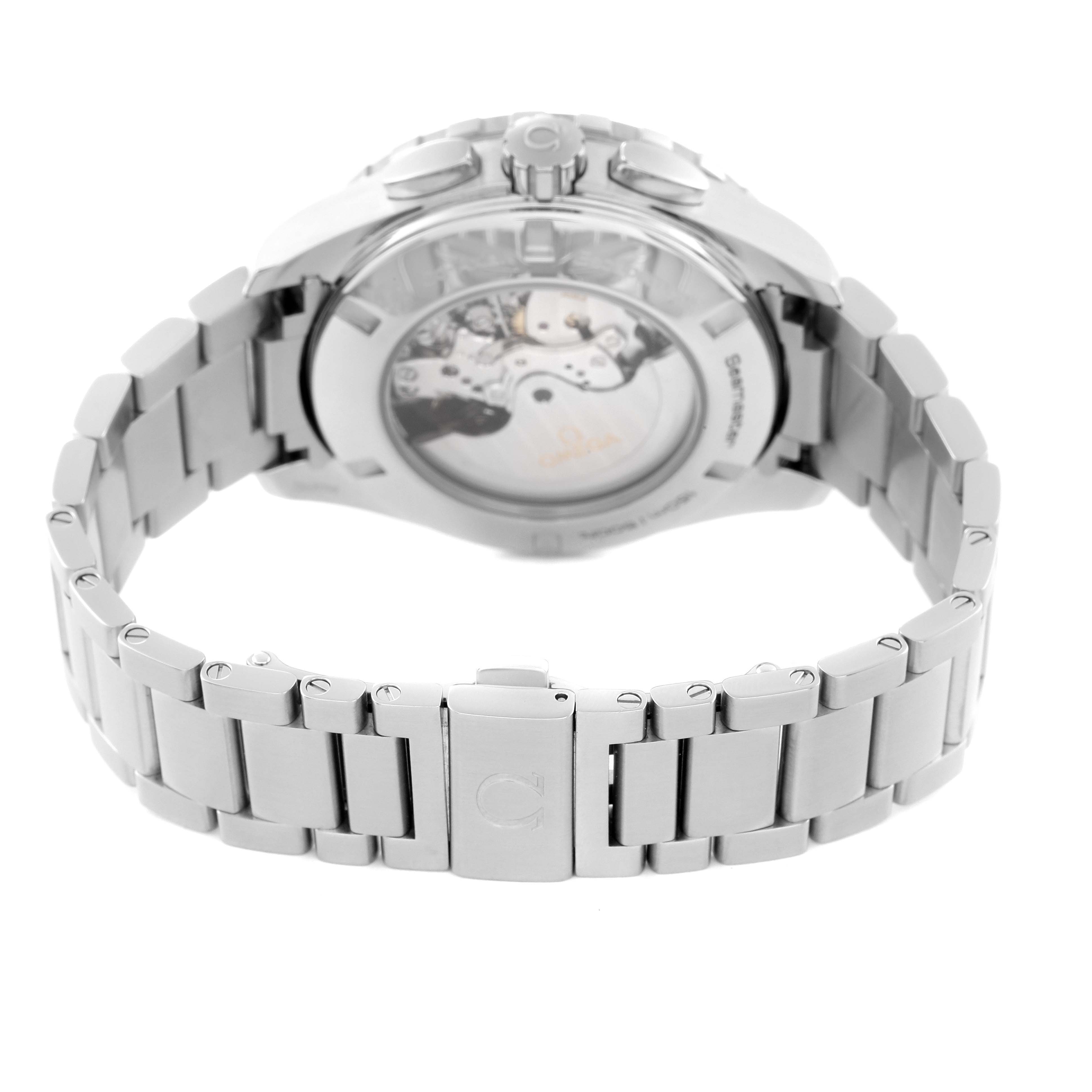 The image shows the back view of the Omega Aqua Terra 231.10.44.52.04.001 Men
s Stainless Steel White Dial 231.10.44.52.04.001 Men
s Stainless Steel White Dial watch, featuring its open case back and stainless steel bracelet.