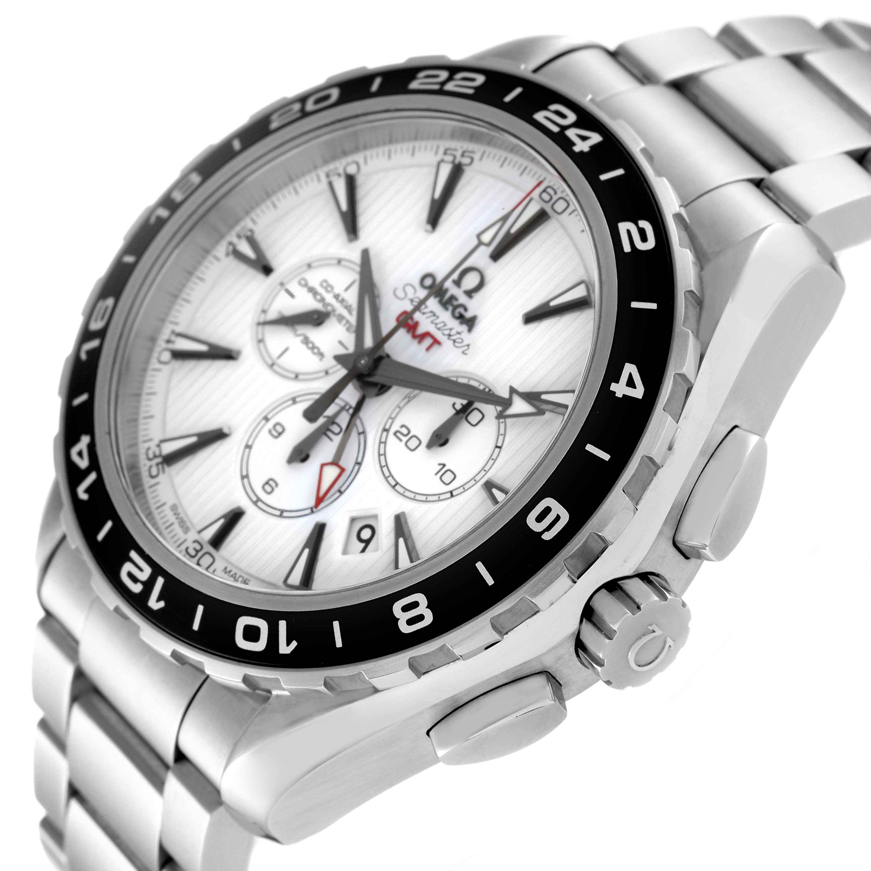 This Omega Aqua Terra 231.10.44.52.04.001 Men
s Stainless Steel White Dial 231.10.44.52.04.001 Men
s Stainless Steel White Dial watch is shown from a three-quarter angle, highlighting its dial, bezel, and bracelet.