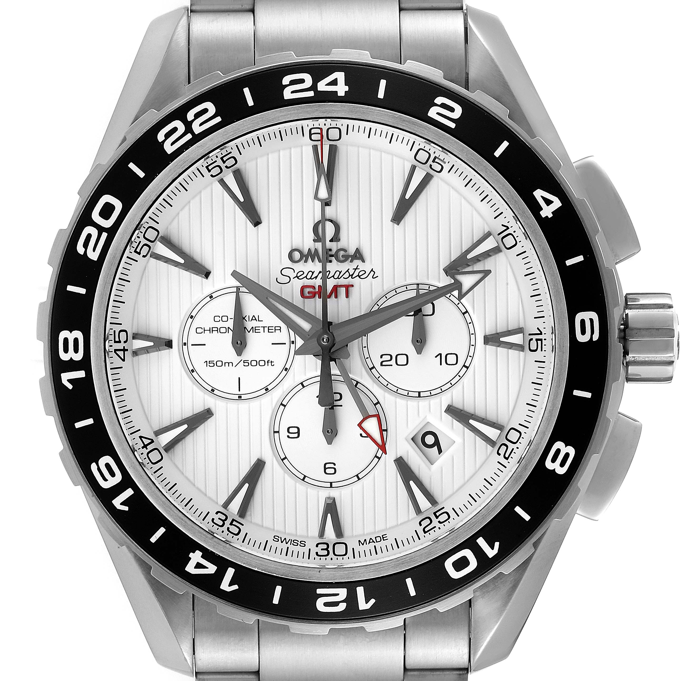 This image shows the front face of the Omega Seamaster Aqua Terra GMT watch, displaying the bezel, dial, sub-dials, hands, and crown.