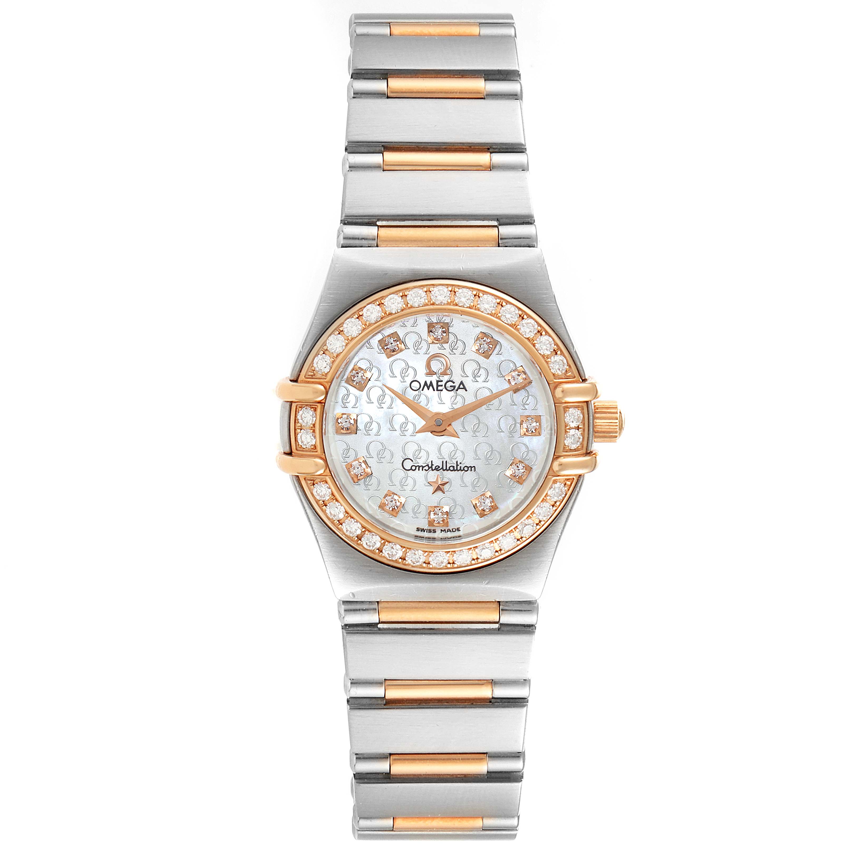This image shows a front view of the Omega 1360.75.00 Women's Steel and Gold (two tone) Mother of Pearl Dial 1360.75.00 Women's Steel and Gold (two tone) Mother of Pearl Dial Constellation My Choice Steel Rose Gold Diamond Ladies Watch model 1360.75.00.