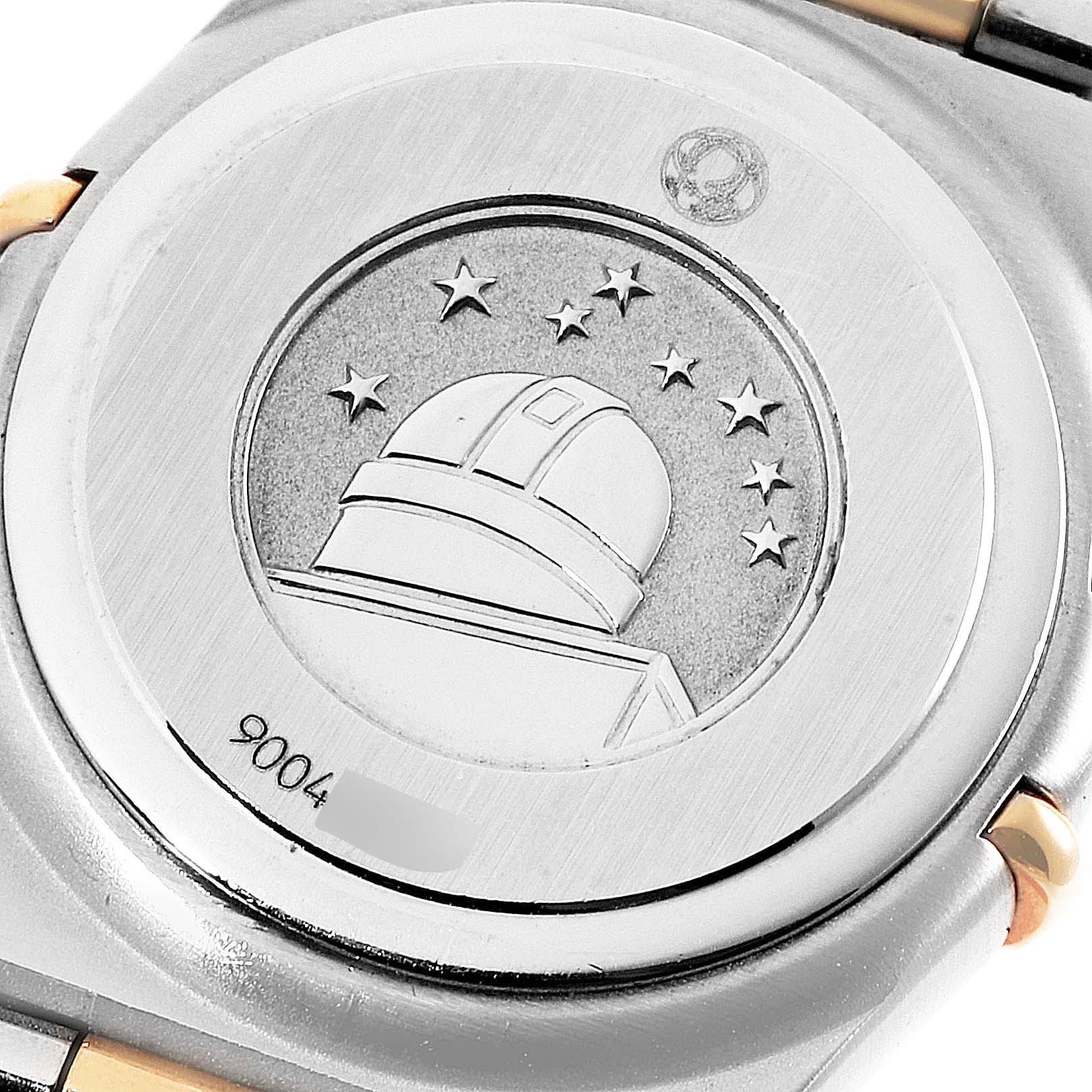 This image shows the case back of the Omega 1360.75.00 Women's Steel and Gold (two tone) Mother of Pearl Dial 1360.75.00 Women's Steel and Gold (two tone) Mother of Pearl Dial Constellation My Choice Steel Rose Gold Diamond Ladies Watch model 1360.75.00.