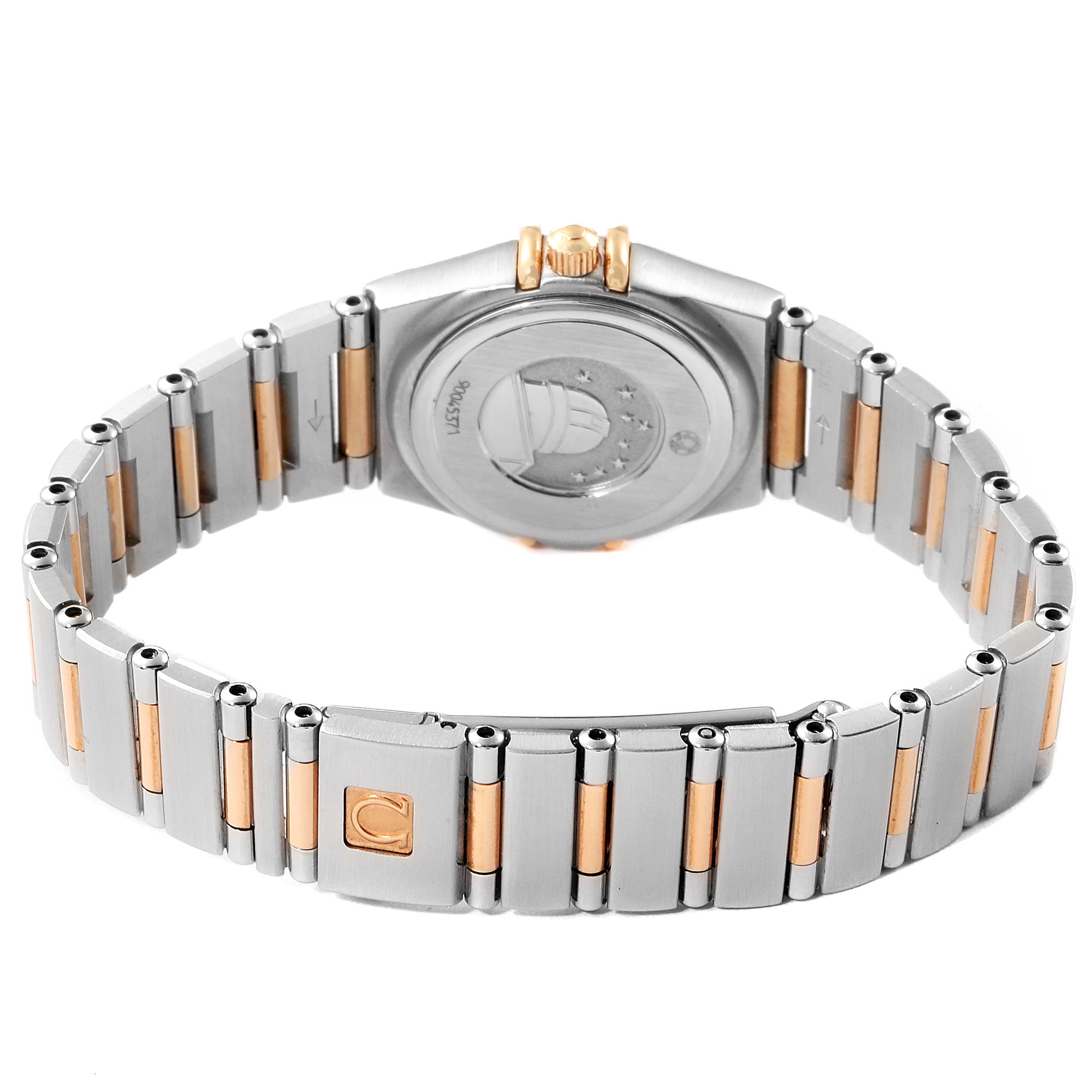 The image shows the back and bracelet of the Omega 1360.75.00 Women's Steel and Gold (two tone) Mother of Pearl Dial 1360.75.00 Women's Steel and Gold (two tone) Mother of Pearl Dial Constellation My Choice Steel Rose Gold Diamond Ladies Watch 1360.75.00.