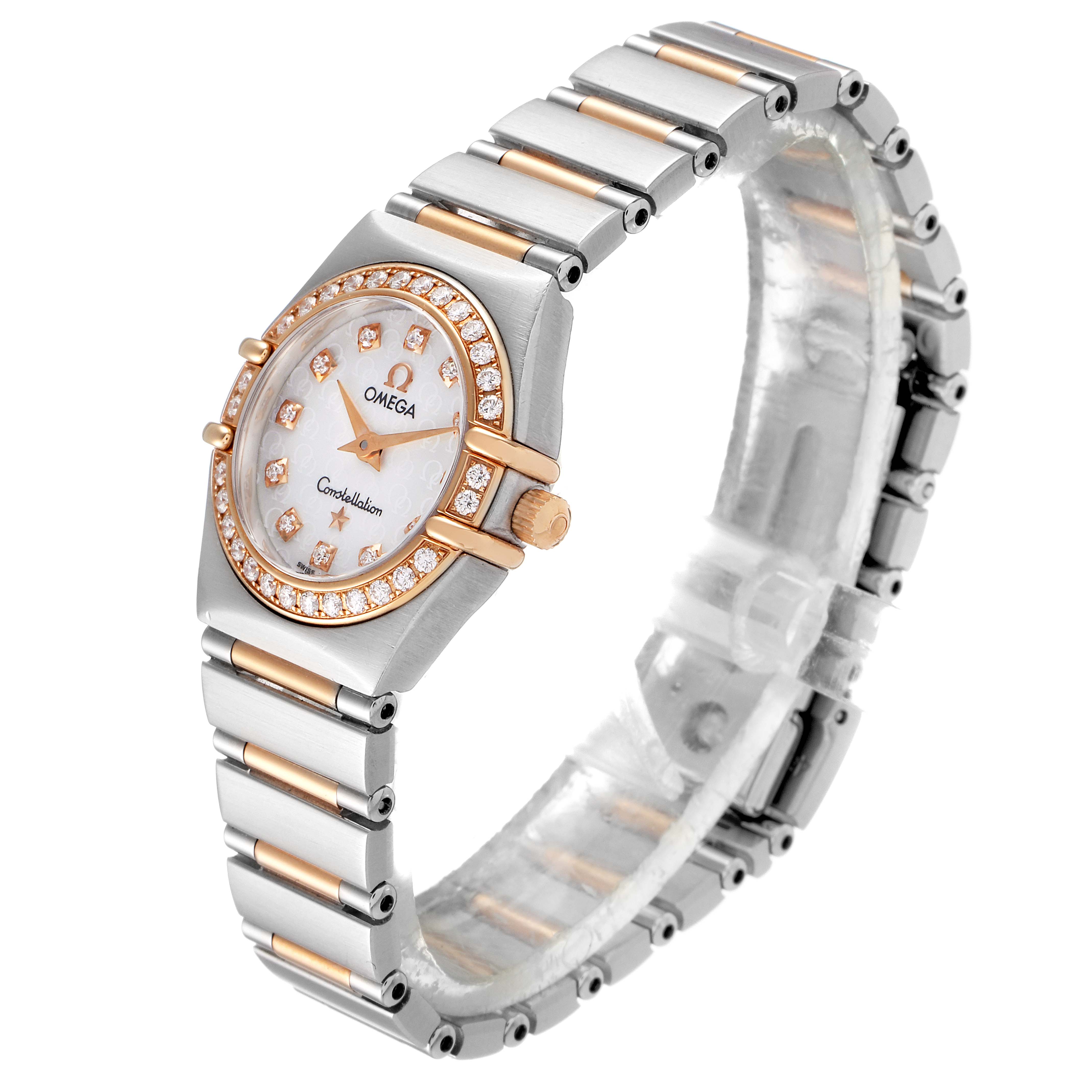 The Omega 1360.75.00 Women's Steel and Gold (two tone) Mother of Pearl Dial 1360.75.00 Women's Steel and Gold (two tone) Mother of Pearl Dial Constellation My Choice Steel Rose Gold Diamond Ladies Watch, model 1360.75.00, is shown at a slight angle showcasing its bracelet and face.