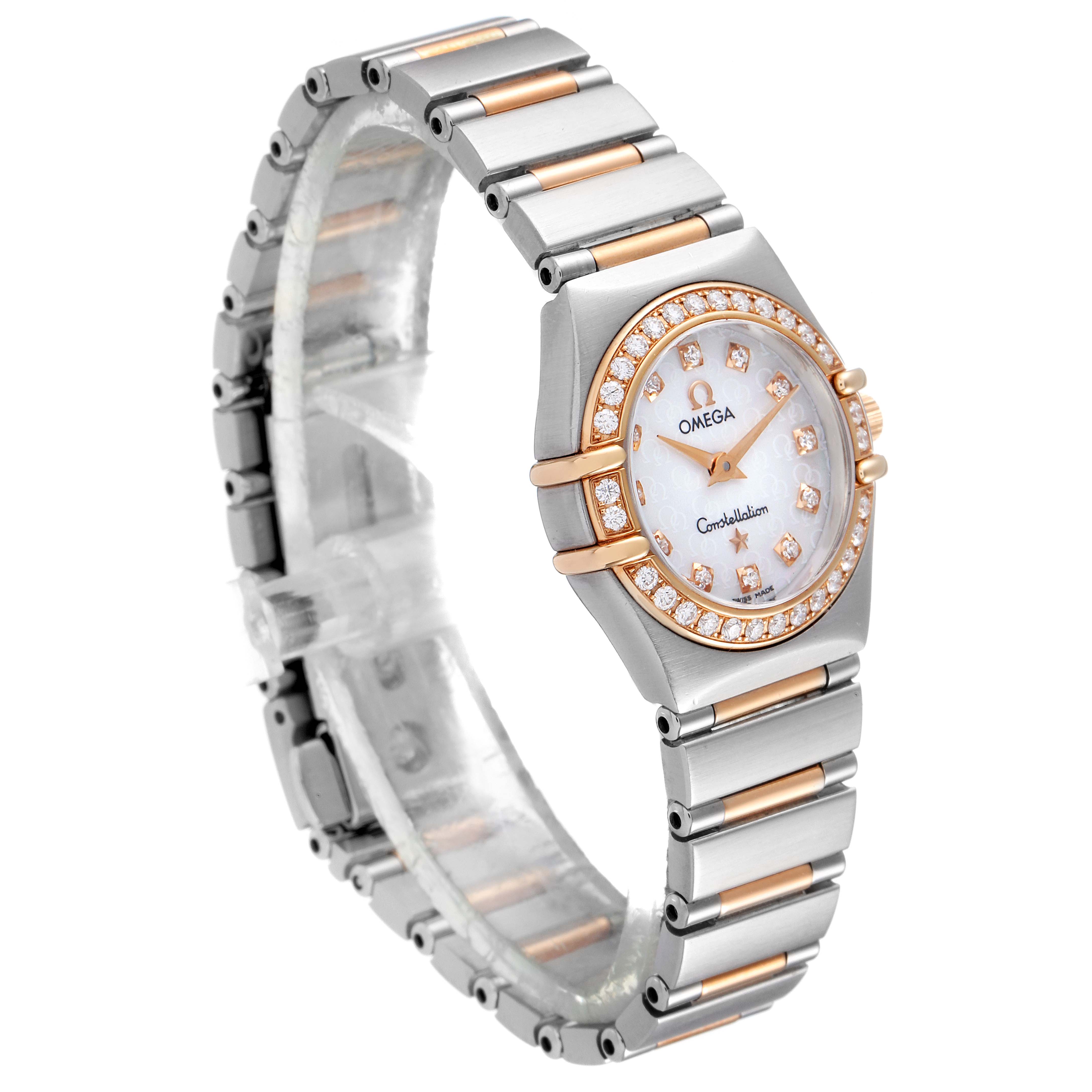The image shows an angled view of the Omega 1360.75.00 Women's Steel and Gold (two tone) Mother of Pearl Dial 1360.75.00 Women's Steel and Gold (two tone) Mother of Pearl Dial Constellation My Choice Steel Rose Gold Diamond Ladies Watch model 1360.75.00.