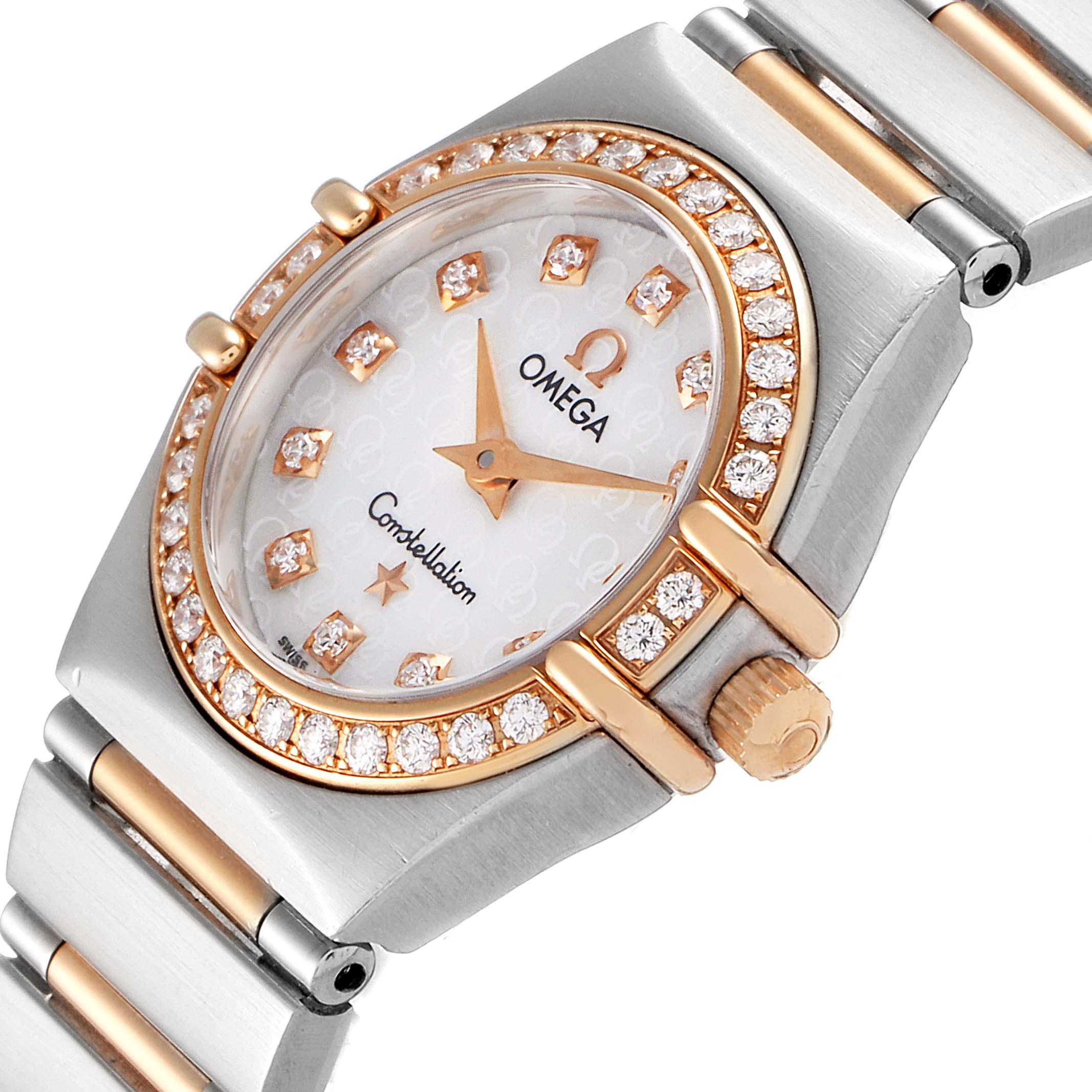 The image shows an angled close-up view of the Omega 1360.75.00 Women's Steel and Gold (two tone) Mother of Pearl Dial 1360.75.00 Women's Steel and Gold (two tone) Mother of Pearl Dial Constellation My Choice Steel Rose Gold Diamond Ladies Watch 1360.75.00, highlighting the bezel and dial.