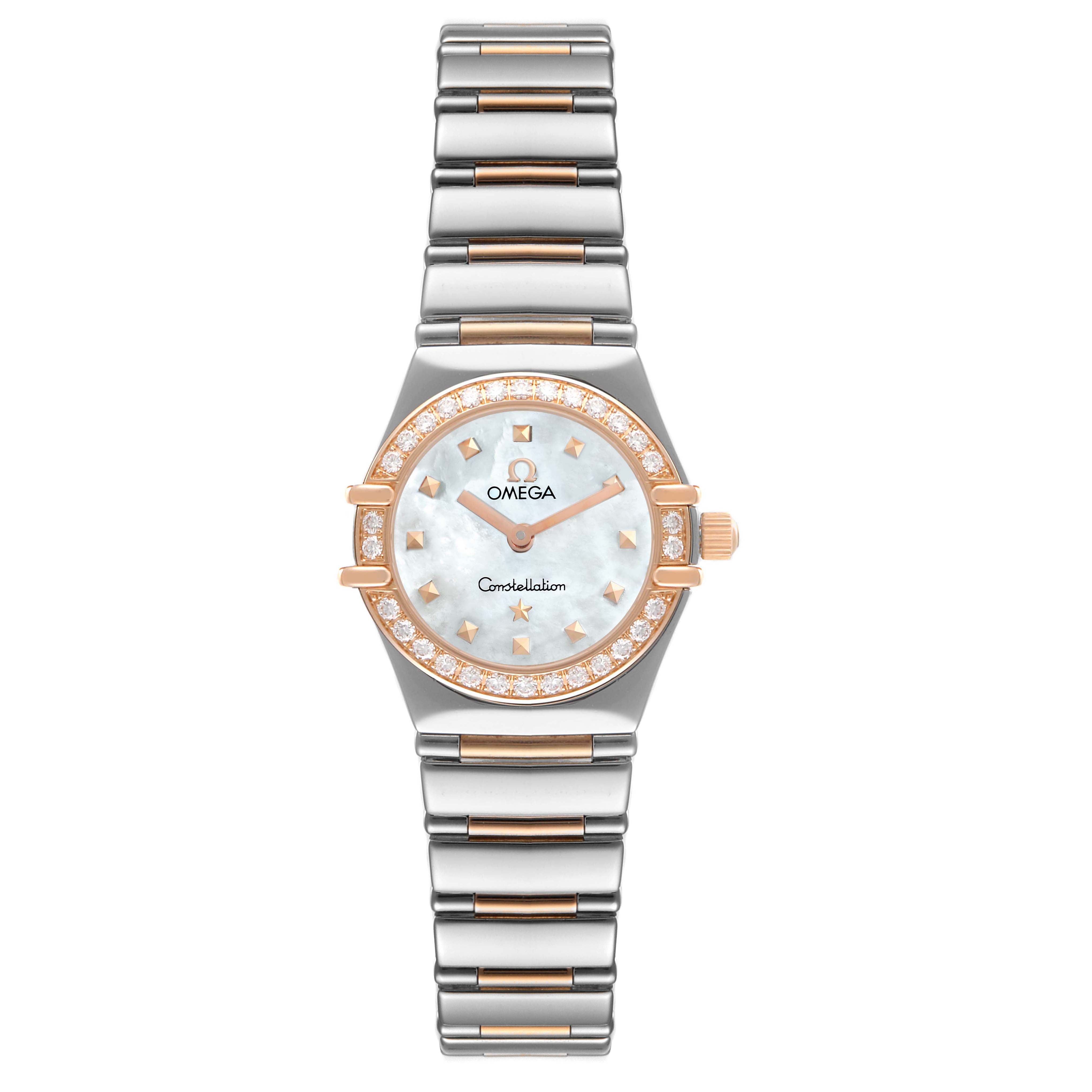 The image shows a front view of the Omega 1368.71.00 Women's Steel and Gold (two tone) Mother of Pearl Dial 1368.71.00 Women's Steel and Gold (two tone) Mother of Pearl Dial Constellation My Choice Steel Rose Gold Diamond Watch 1368.71.00, highlighting its dial and band.
