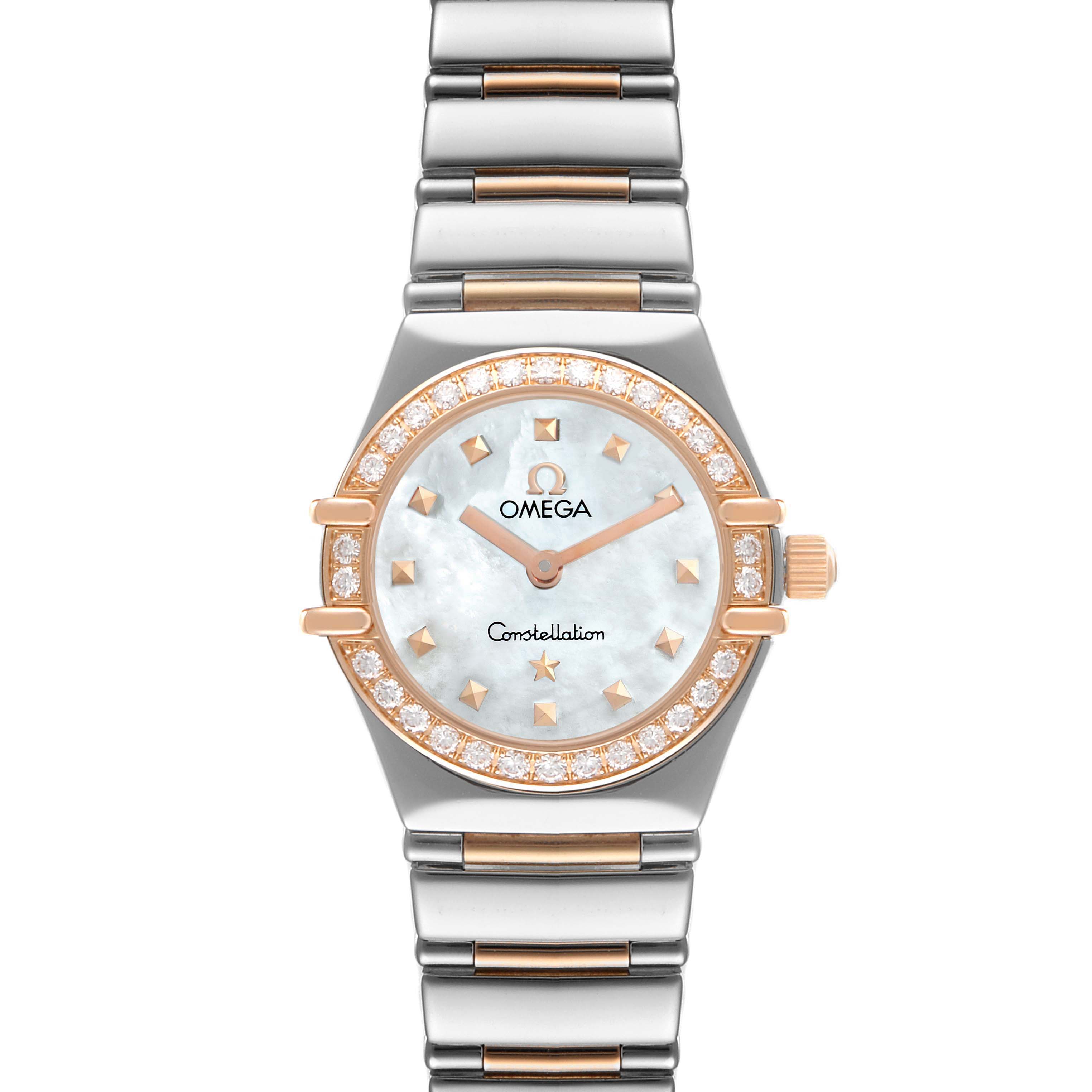 The image shows a front view of the Omega 1368.71.00 Women's Steel and Gold (two tone) Mother of Pearl Dial 1368.71.00 Women's Steel and Gold (two tone) Mother of Pearl Dial Constellation My Choice Steel Rose Gold Diamond Watch 1368.71.00, highlighting the face and bracelet.